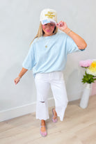 PEACH LOVE Cody Blue solid relaxed casual top, basic 105 style, featuring a comfortable fit and soft fabric.