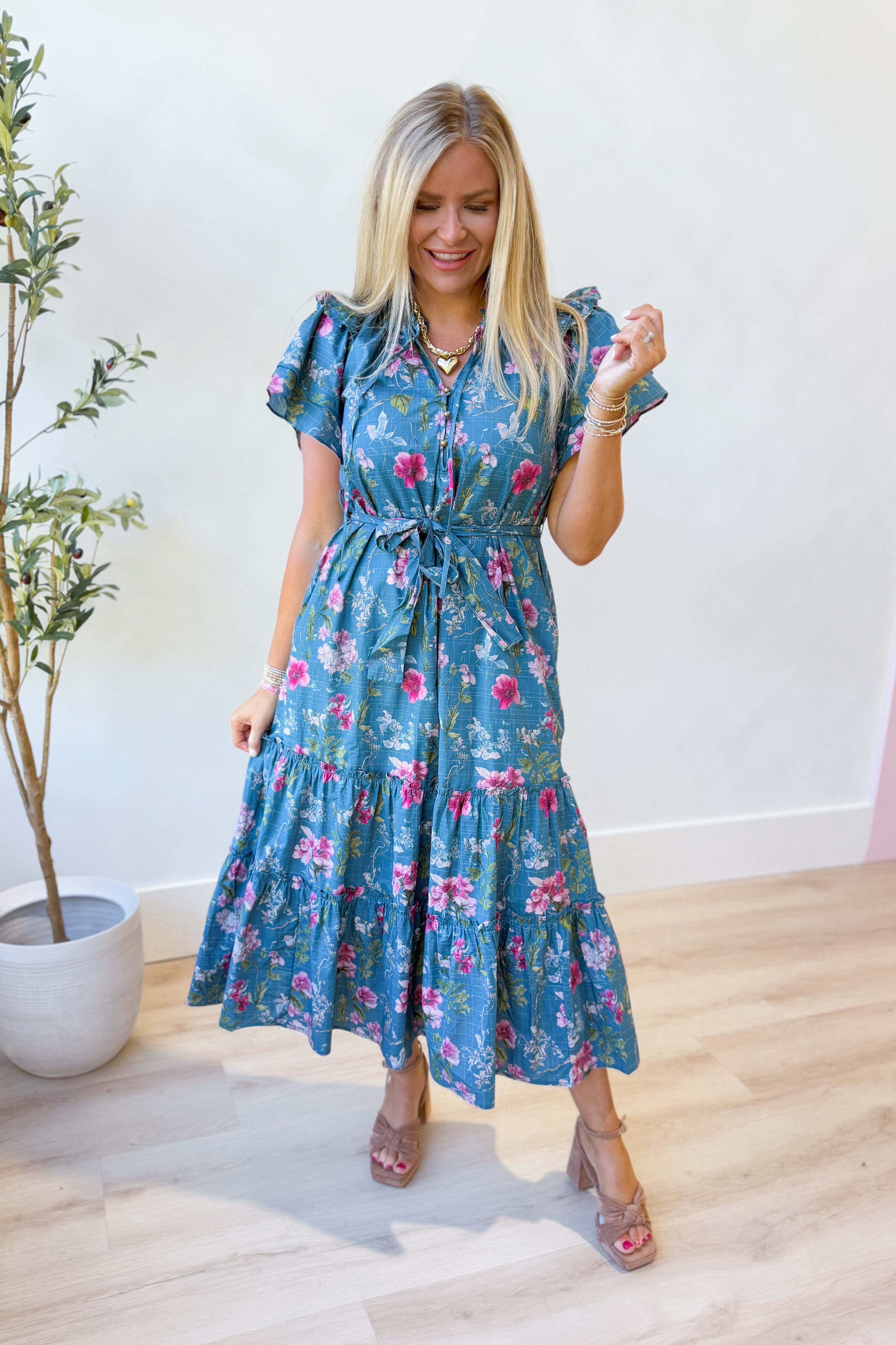 Katherine Floral Flutter Sleeve Dress - Be You Boutique