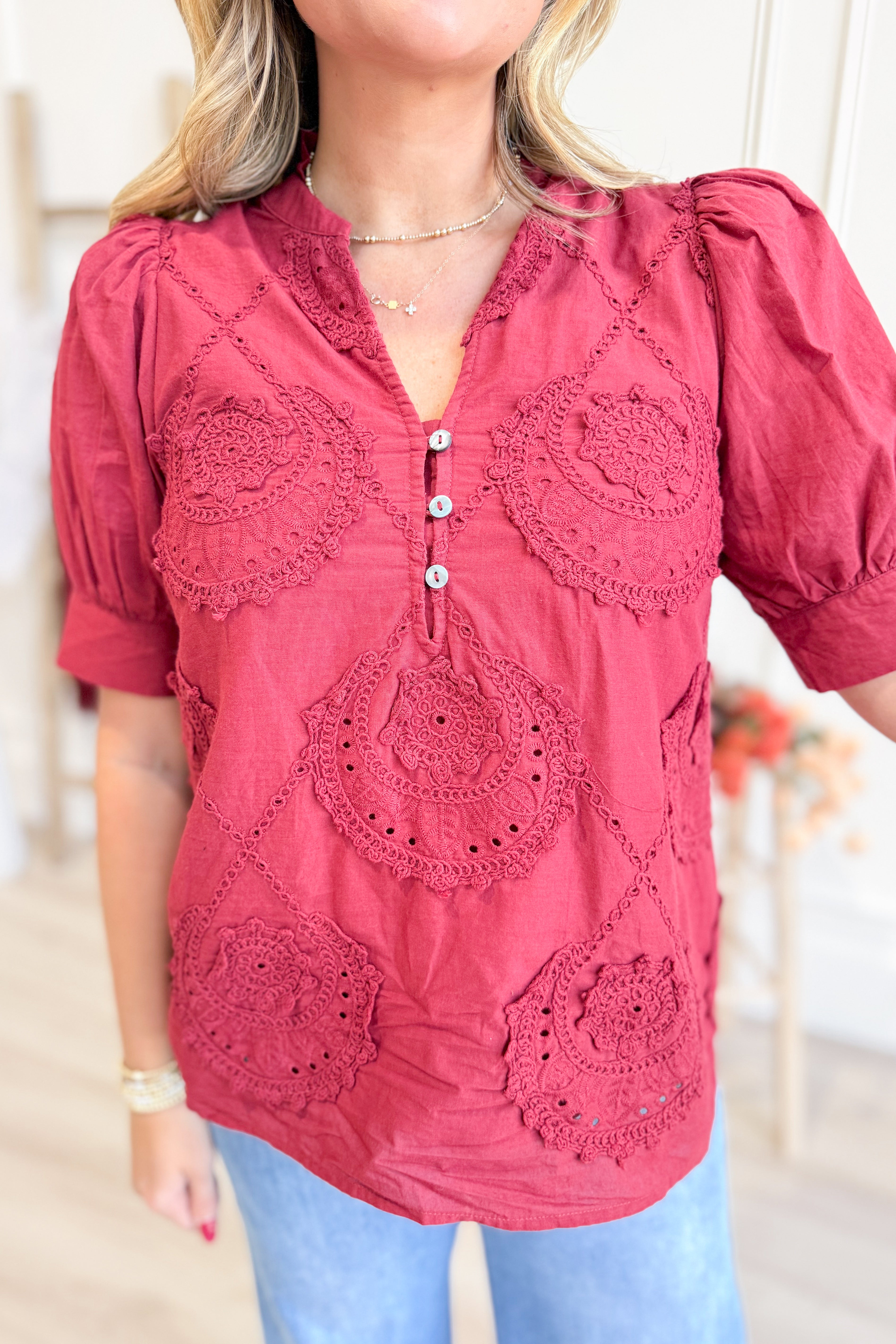 Lacy Embroidered Applique Accented Top - Be You Boutique