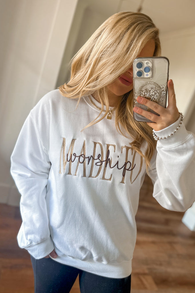 Made To Worship Embroidered Graphic Long Sleeve Sweatshirt - Be You Boutique