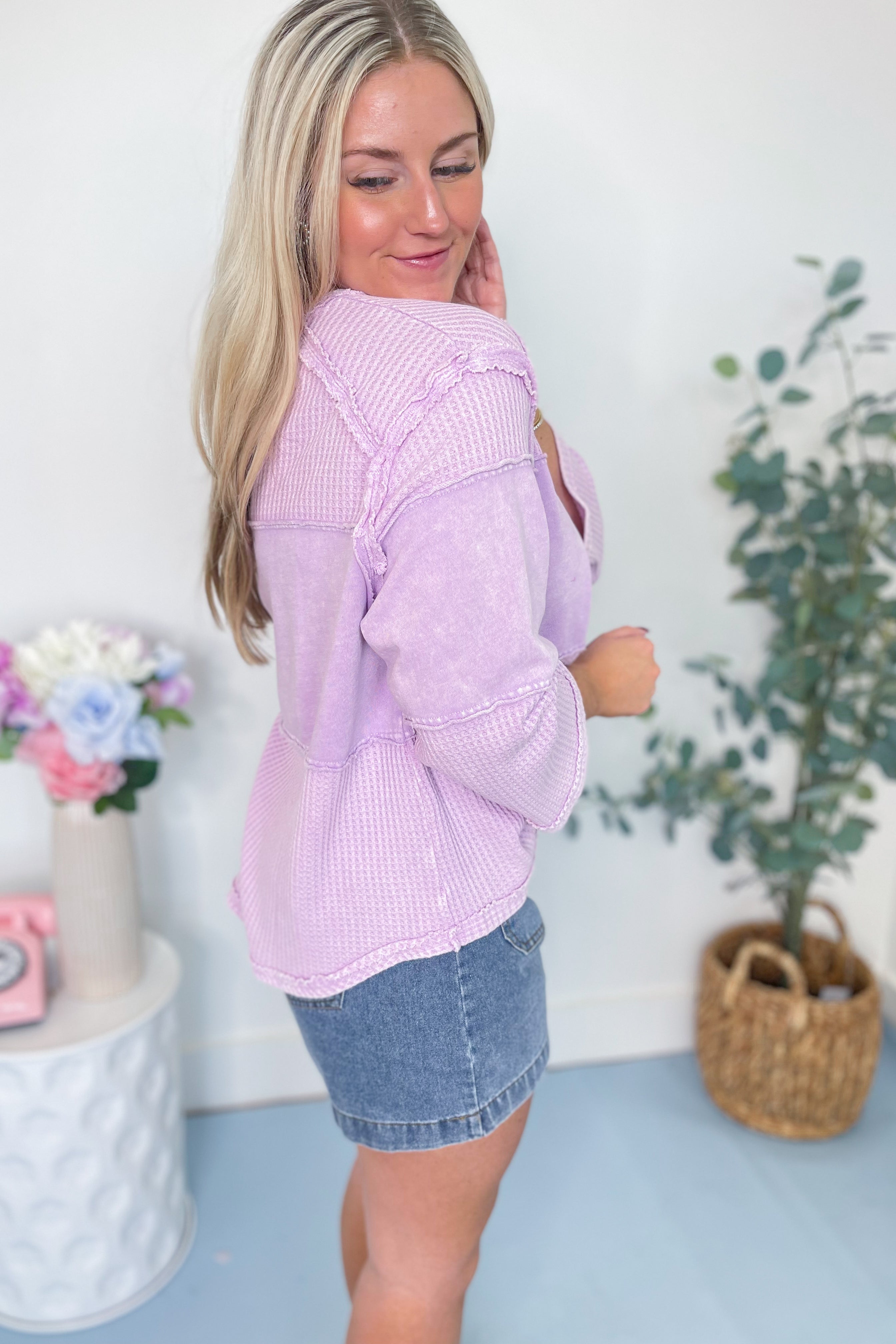 Lily Thermal Mix 3/4 Sleeve Washed Top - Be You Boutique