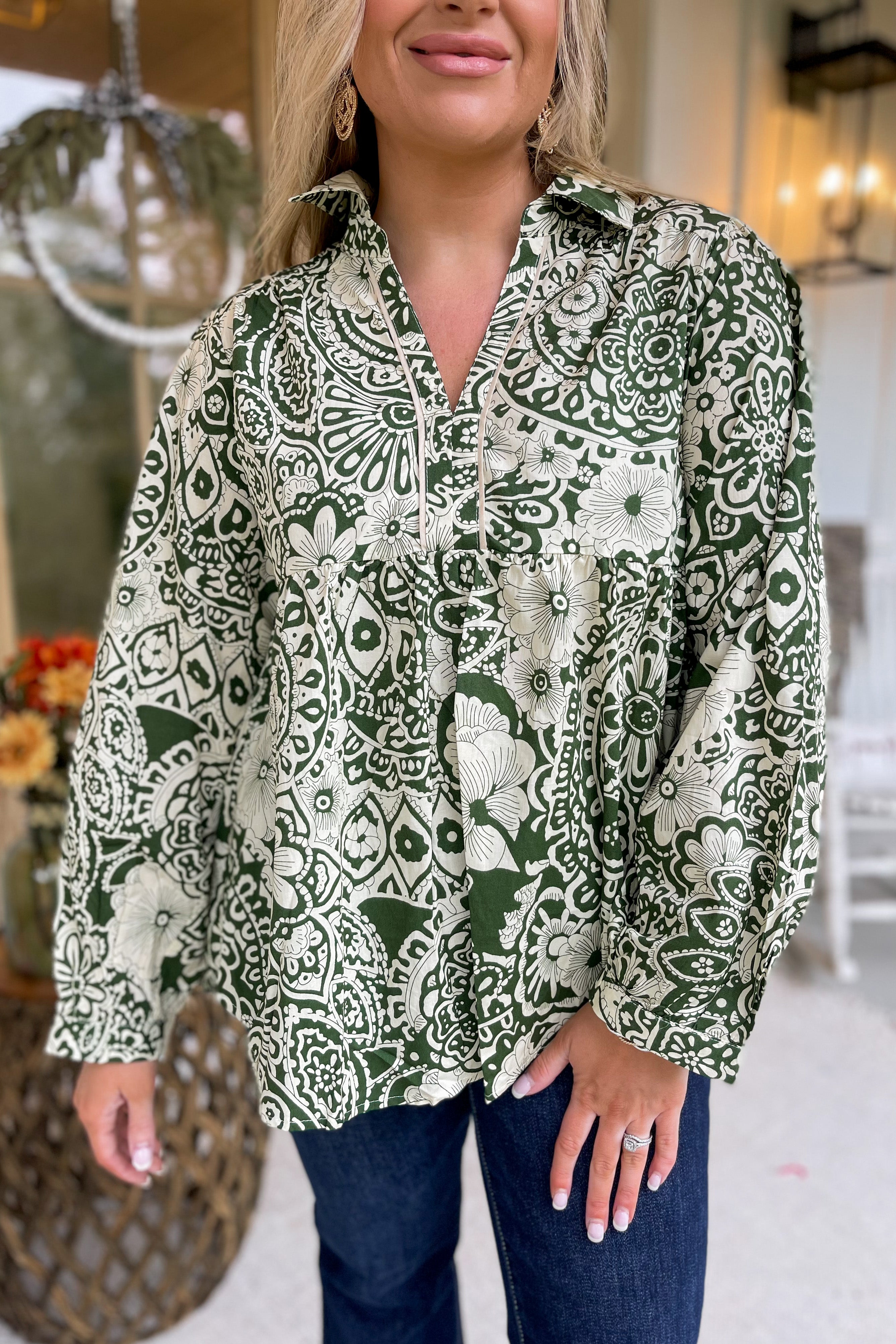 Burke Mixed Print Babydoll V Notch Collared Long Sleeve Top - Be You Boutique
