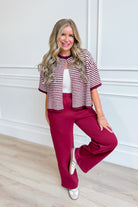 TWENTIFOURTH Morgan Merlot short sleeve striped sweater top, 132 fall sweater with burgundy and cream horizontal stripes.