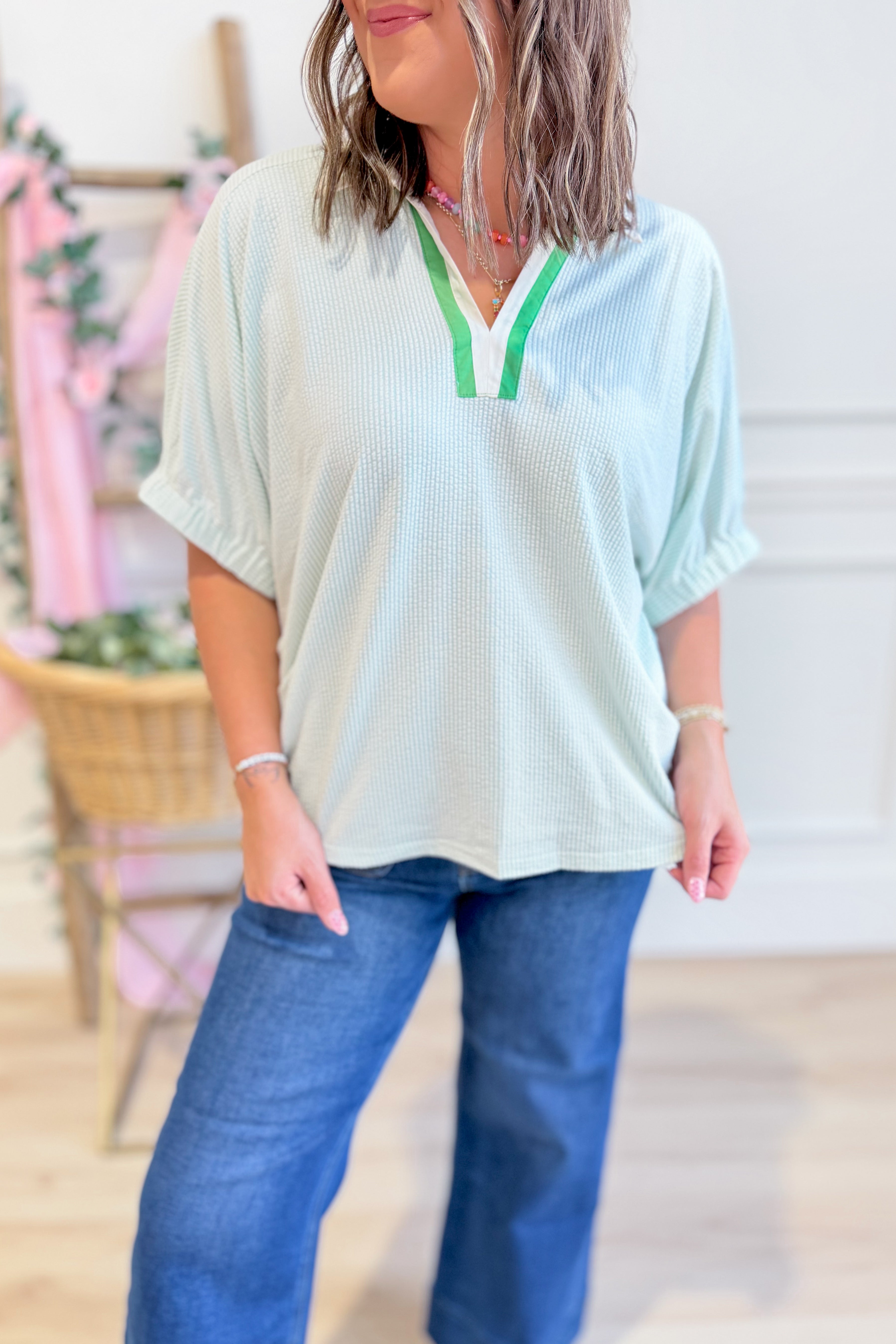 Cindy Pin Striped Collared Neck Top - Be You Boutique