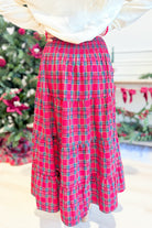 TWENTIFOURTH Sutton plaid tiered midi skirt with a flowing, layered design and a classic plaid pattern.