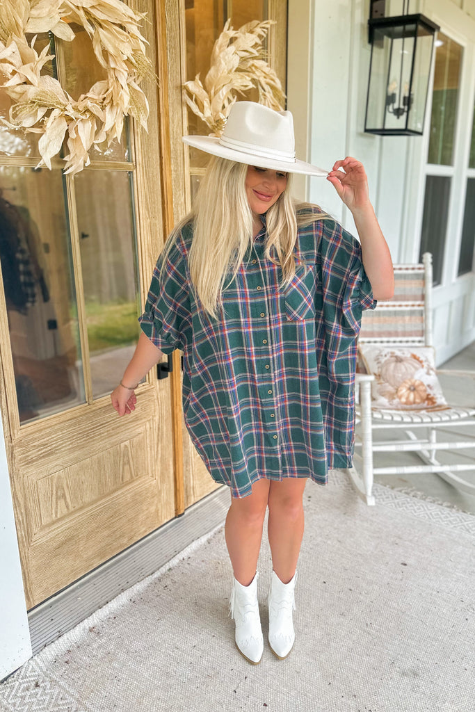 Madeline Oversized Short Sleeve Button Down Flannel Plaid Dress - Be You Boutique