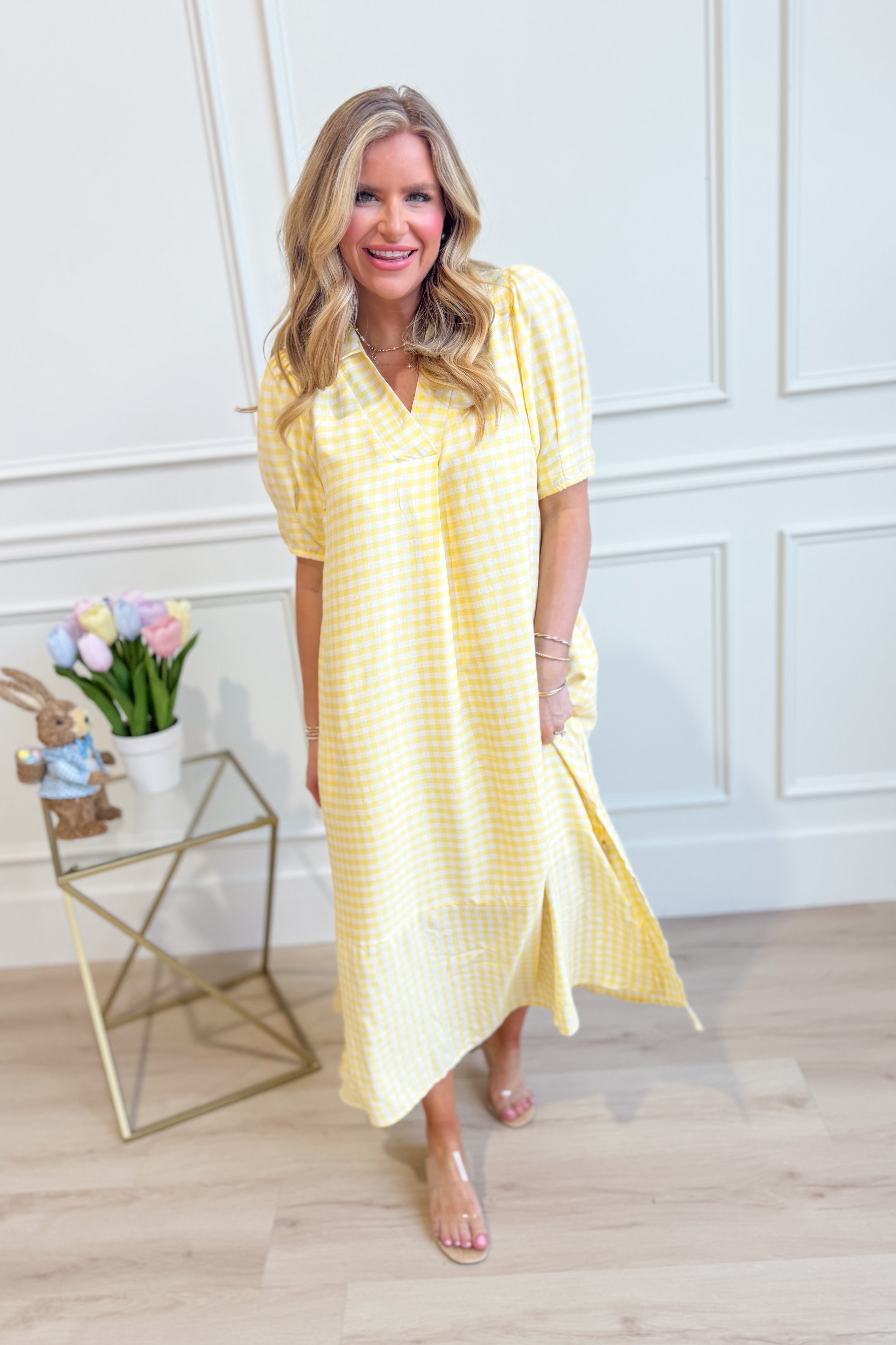 Umgée USA Tonya plaid printed midi dress featuring a stylish pattern and elegant fit, perfect for dressy occasions.