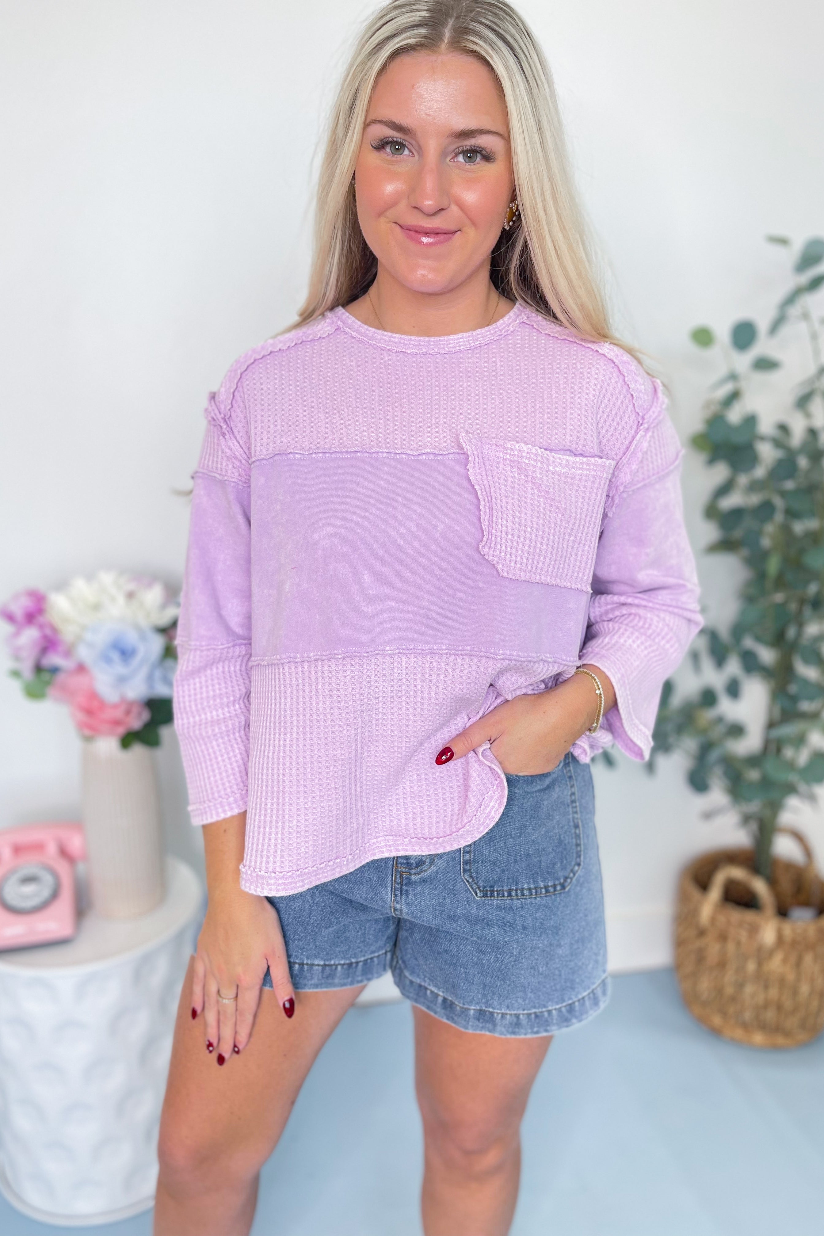 Lily Thermal Mix 3/4 Sleeve Washed Top - Be You Boutique