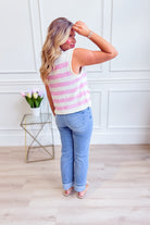 Carrie Striped Sleeveless Sweater Top by SHE + SKY, lightweight spring sweater with colorful stripes and sleeveless design.