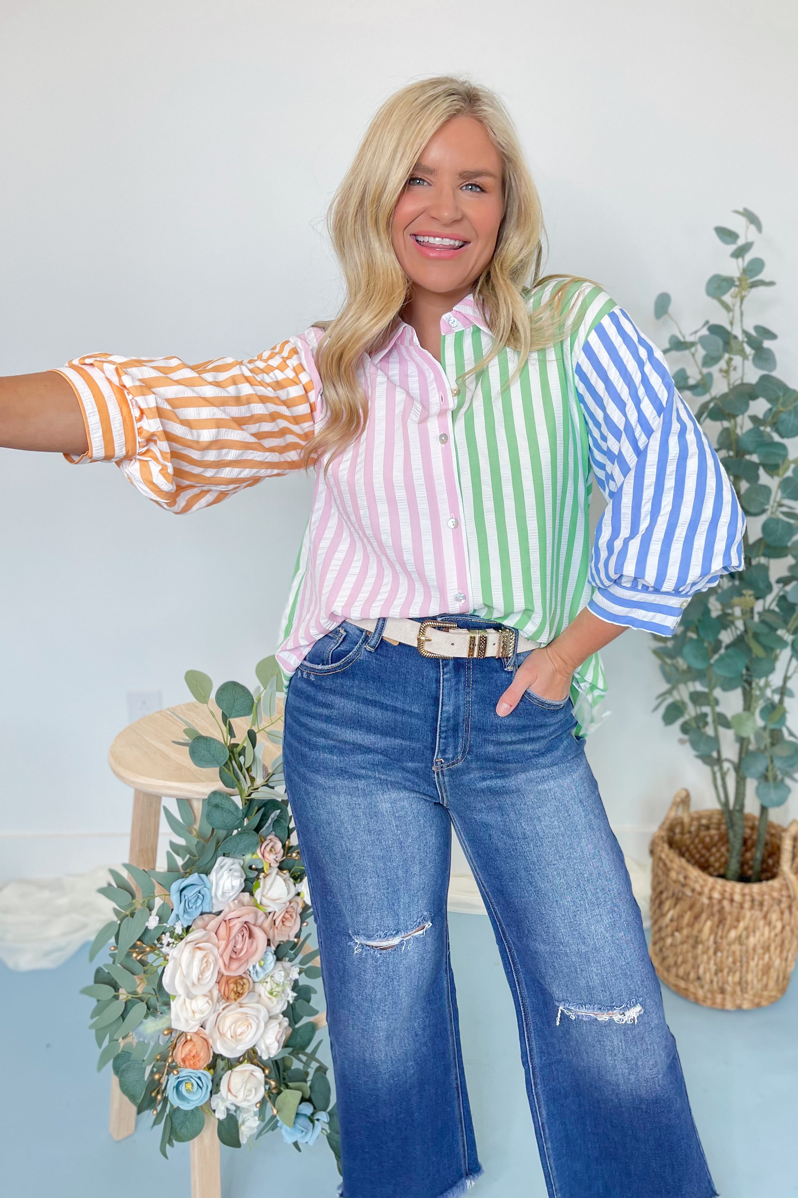 Cheryl Striped Color Block Collared Top - Be You Boutique
