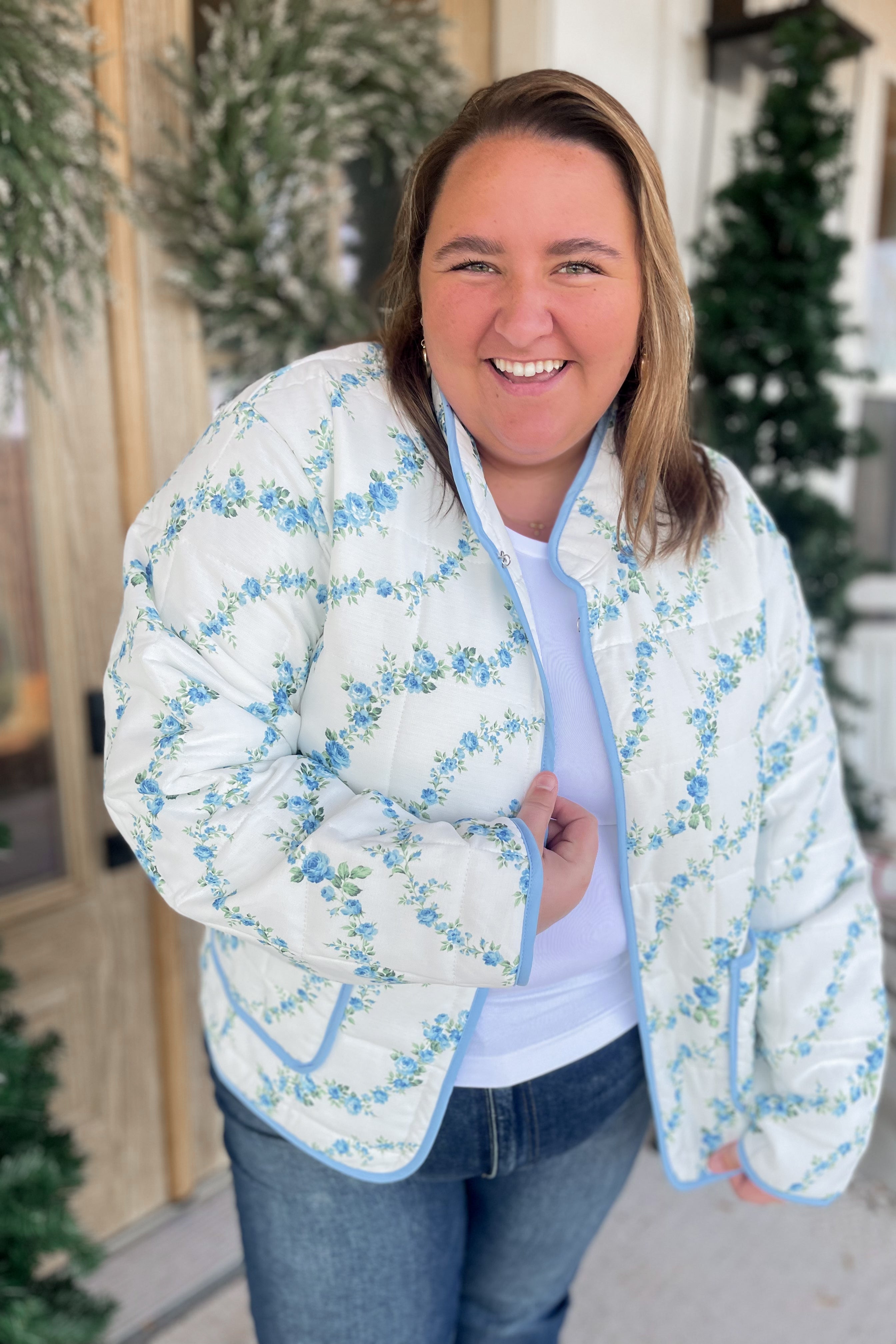 Amber Floral Print Quilted Contrast Binding Jacket - Be You Boutique