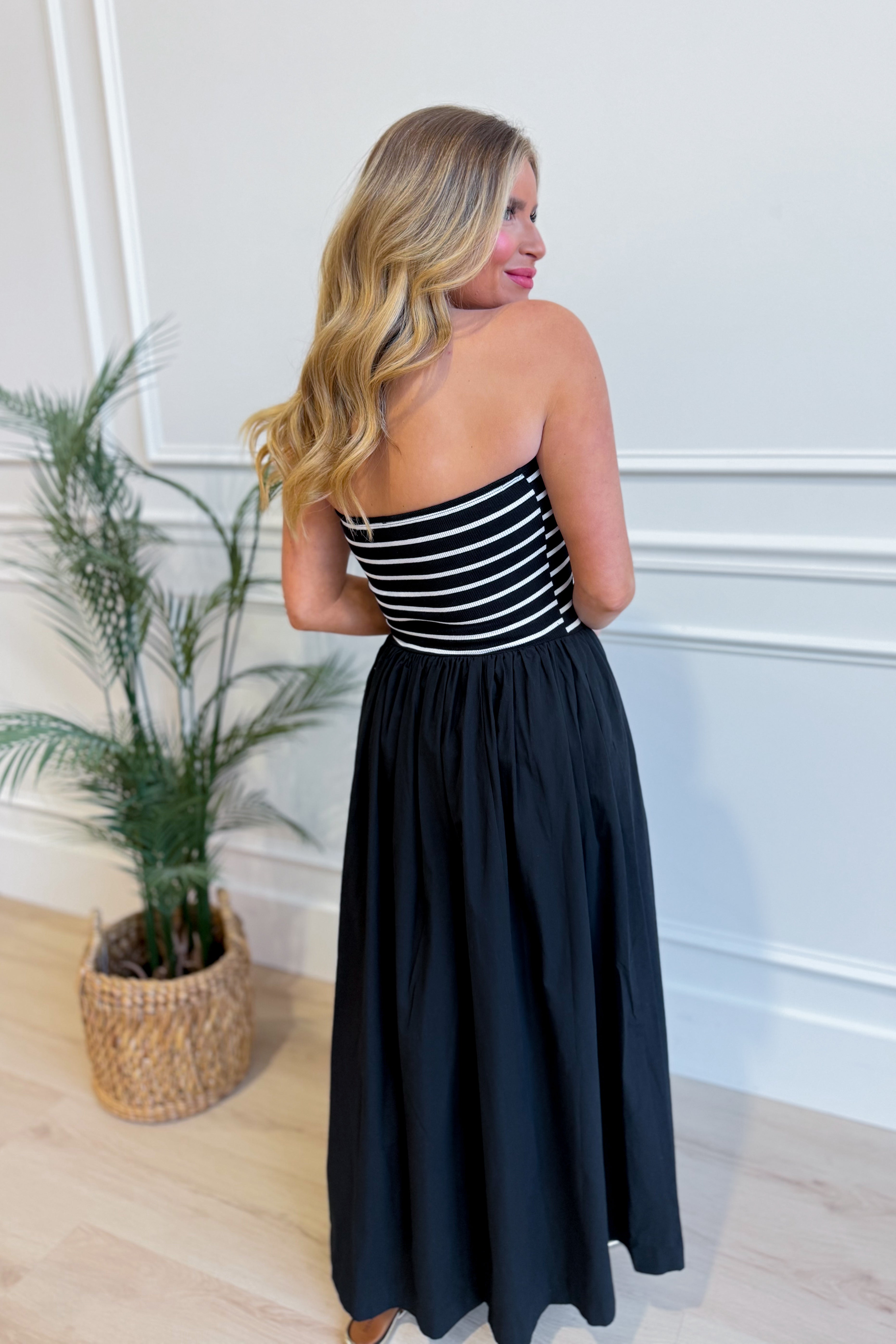 HYFVE Moana striped strapless midi dress with casual style, featuring bold horizontal stripes and a fitted silhouette.