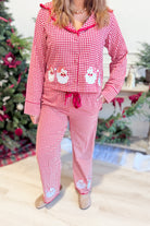 Nicholas Gingham Santa embroidered pajama set with 156 pants from PEACH LOVE, featuring festive red and white holiday design.