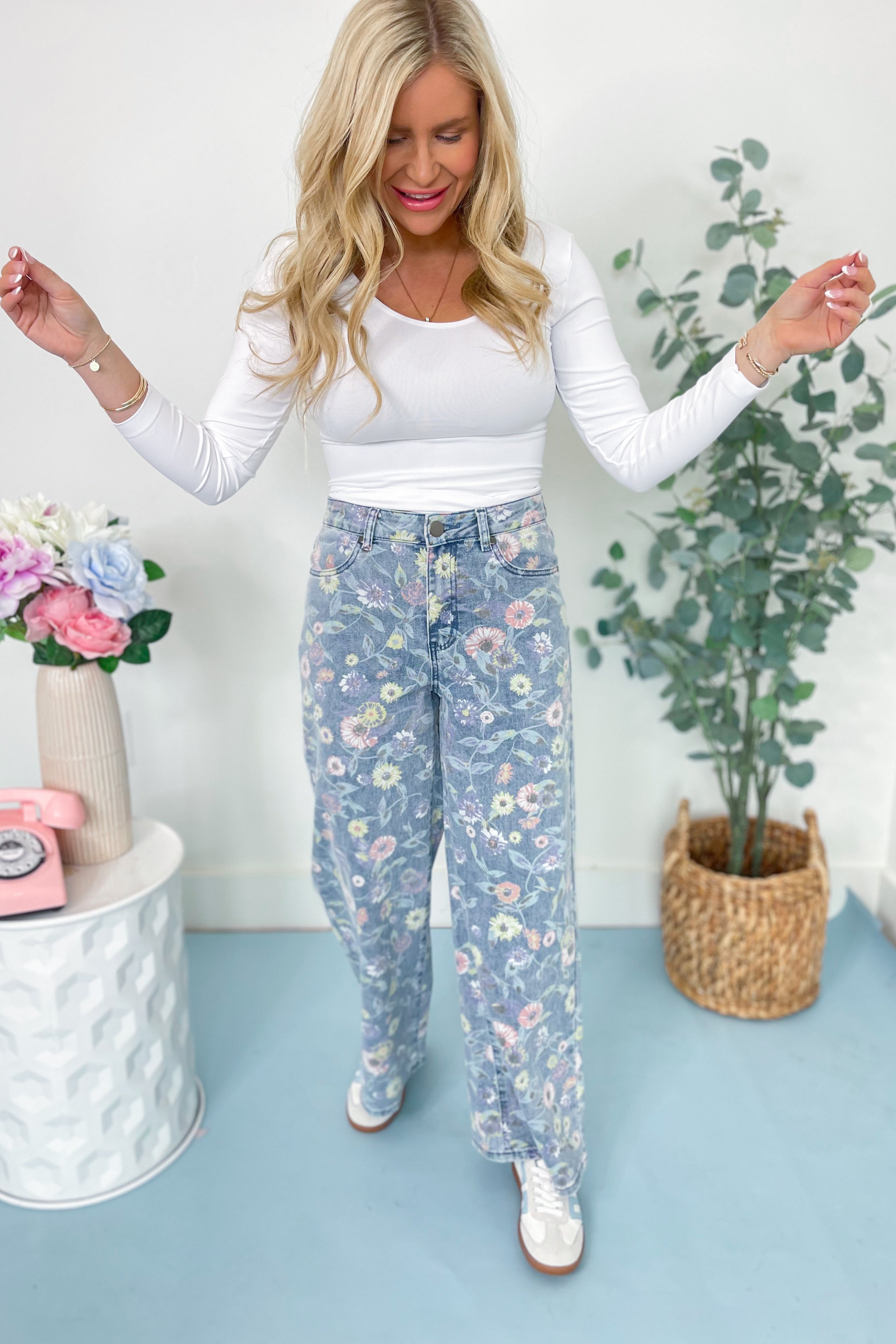 Aly Floral Washed Denim Twill Pant - Be You Boutique
