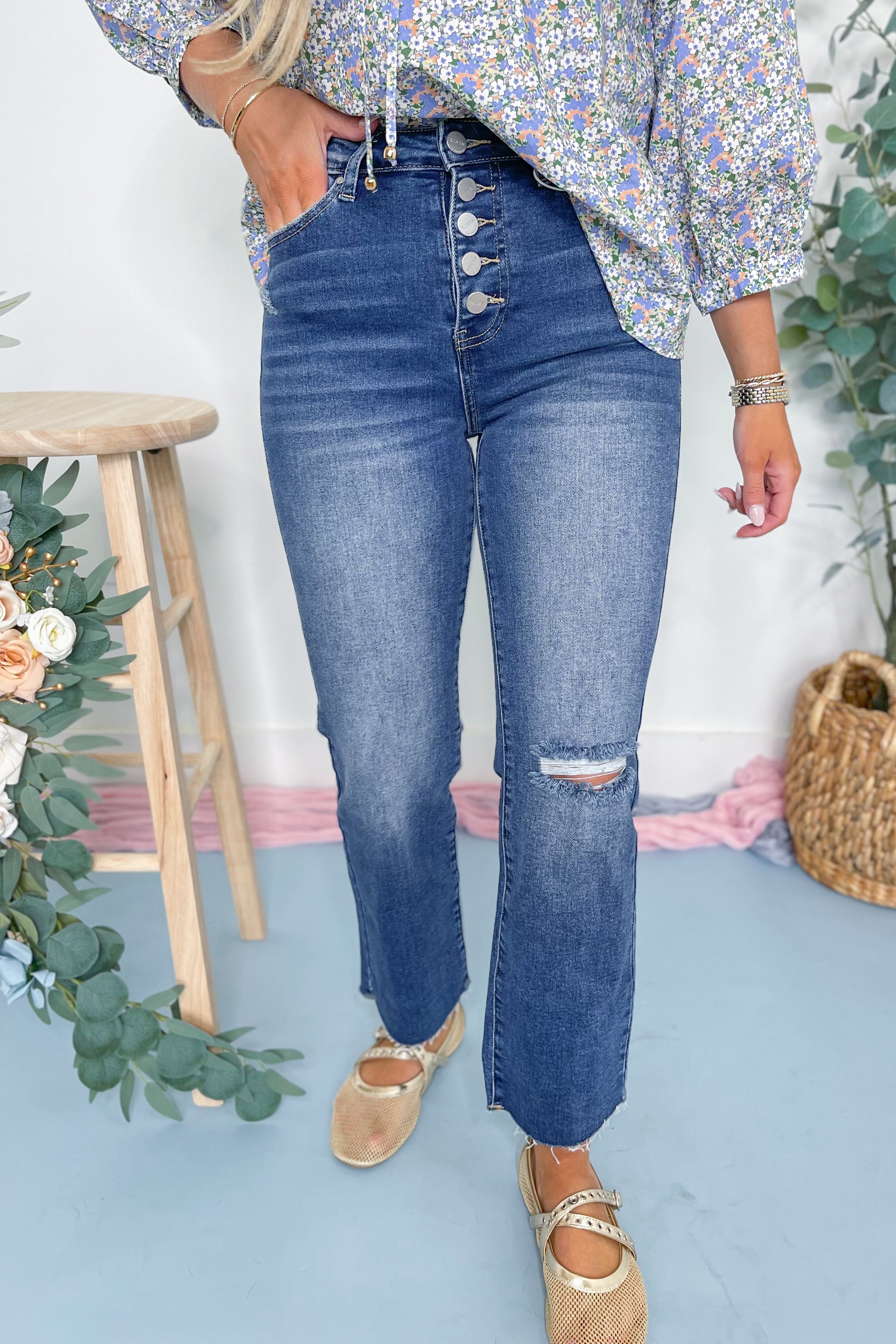 Risen James High Rise Crop Straight Button Down Distressed Denim Jeans [1-3XL] - Be You Boutique