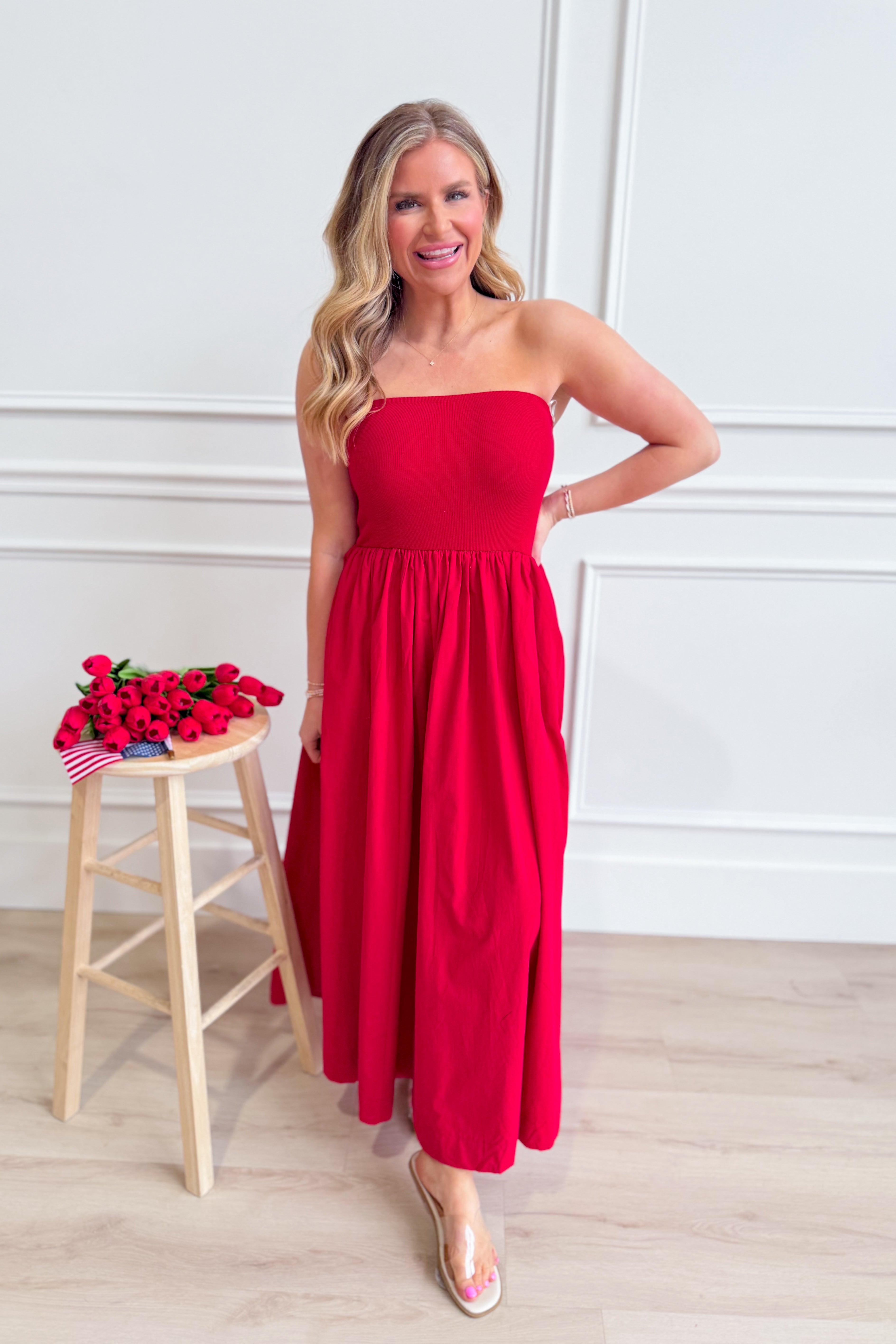 HYFVE Bethany strapless midi dress in elegant fabric, featuring a fitted bodice and flowing skirt for a stylish look.