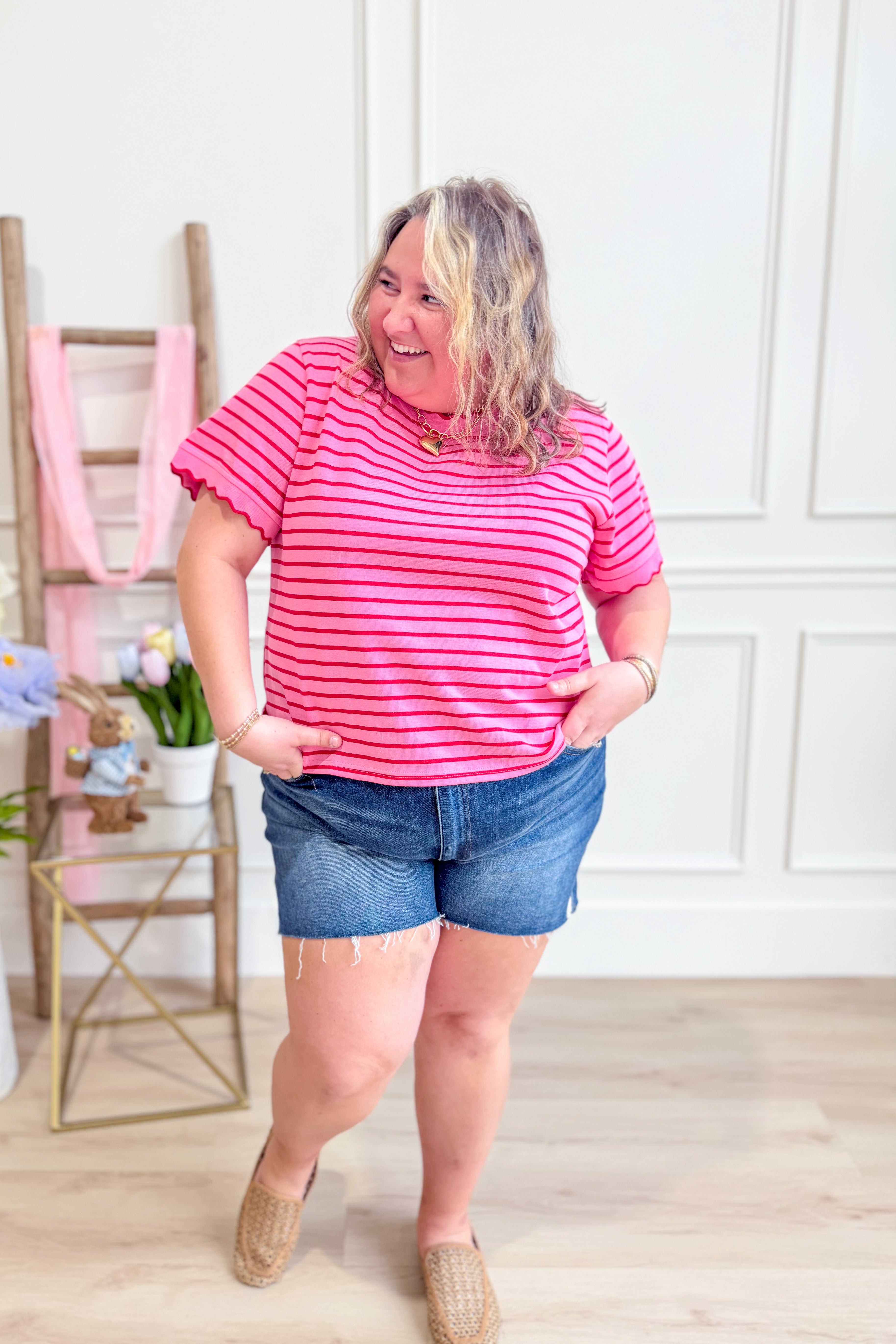 Laura Striped Scallop Trim Top - Be You Boutique