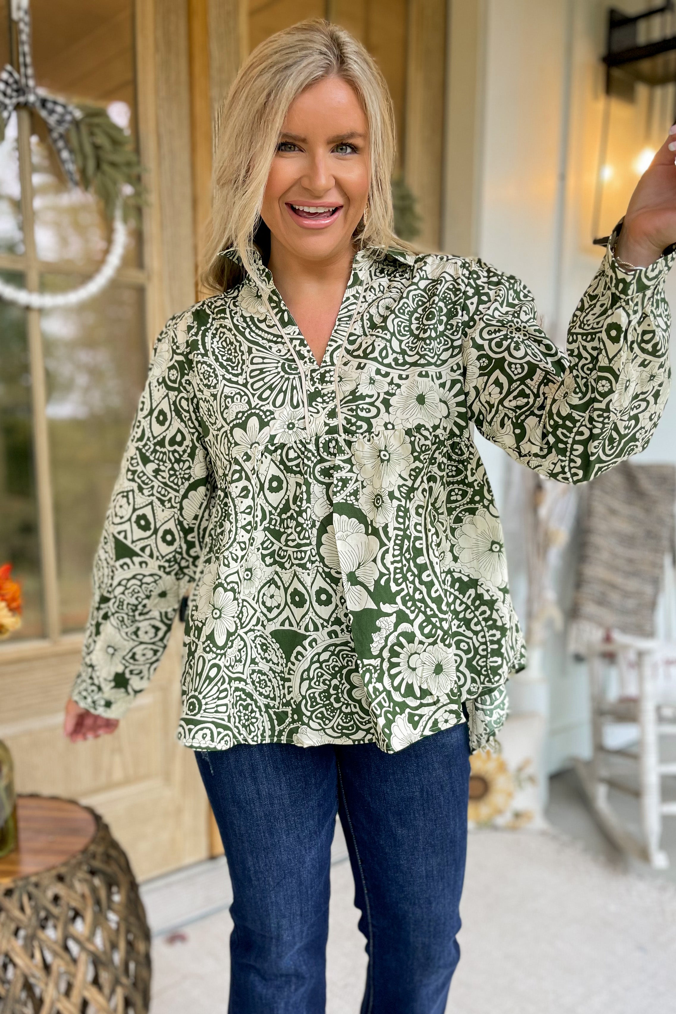 Burke Mixed Print Babydoll V Notch Collared Long Sleeve Top - Be You Boutique