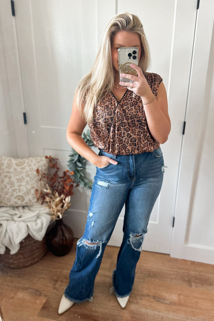 Jayce Sequin Animal Print Surplice Wrap Bodysuit - Be You Boutique