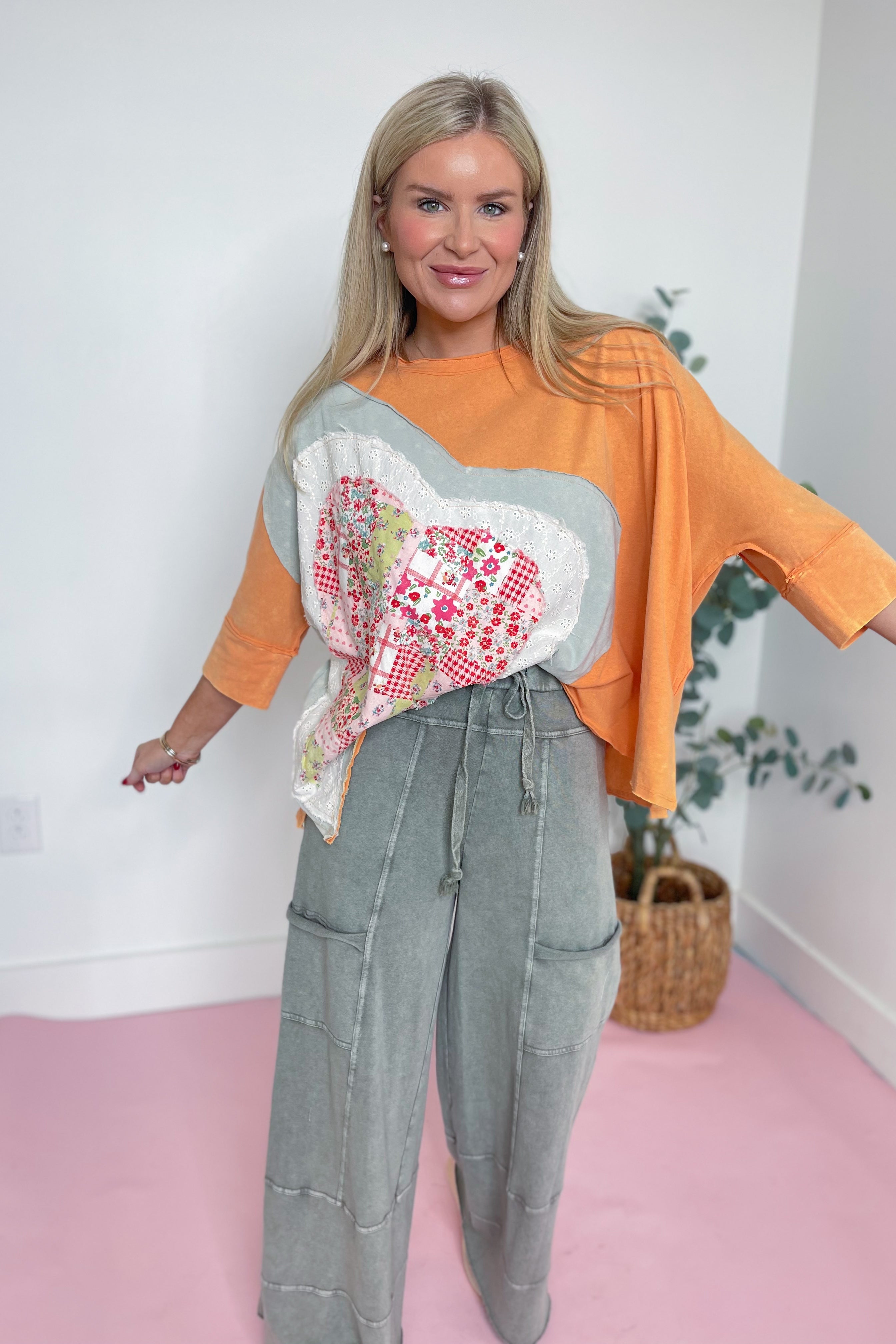 Esther Heart Patch Mineral Washed Knit Top - Be You Boutique