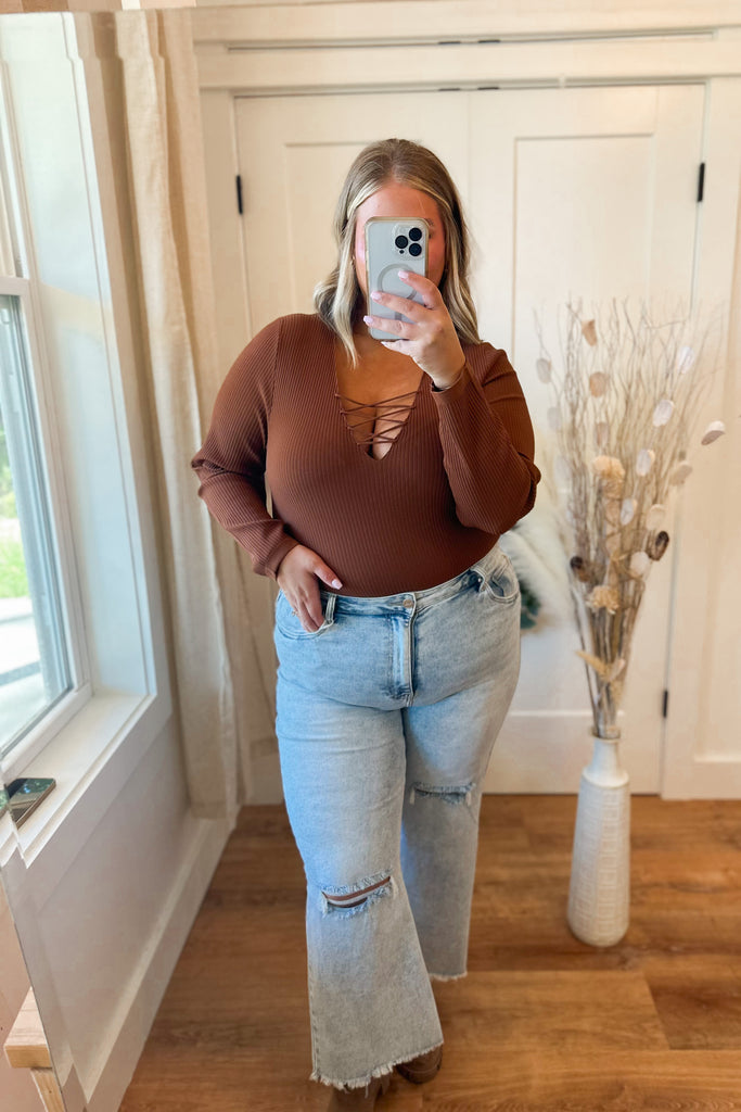 Kayce Ribbed Lace-up Long Sleeve Bodysuit Sweater - Be You Boutique