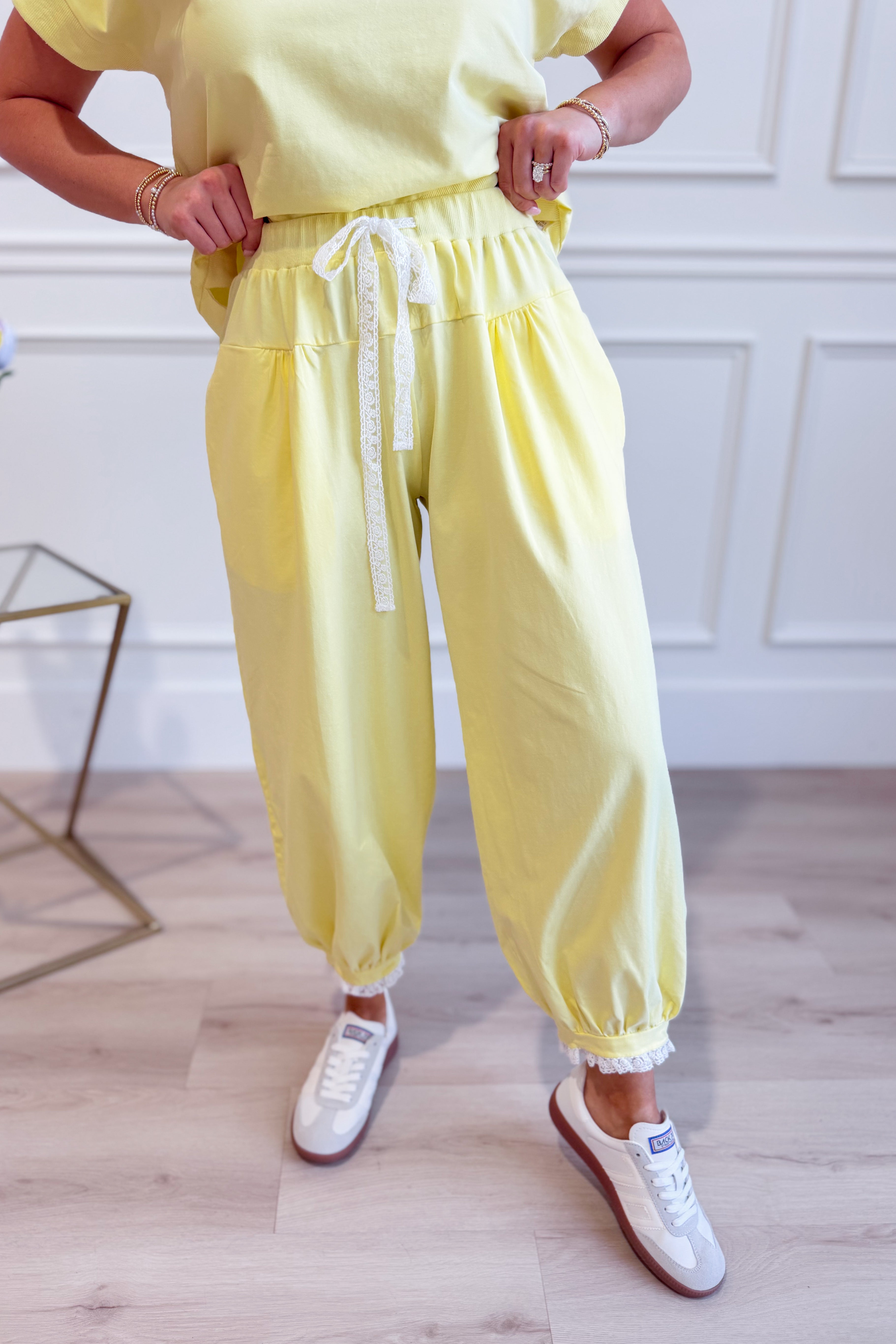 Emily Lace Hem Jogger Pant by EE:SOME, stylish joggers with lace hem detail, shown in a casual fit and neutral color.
