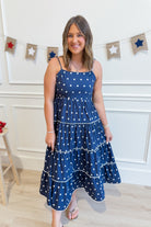 Vicki Polka Dot Tiered Midi Dress by PEACH LOVE, featuring a casual, layered design with polka dot pattern and sleeveless style.