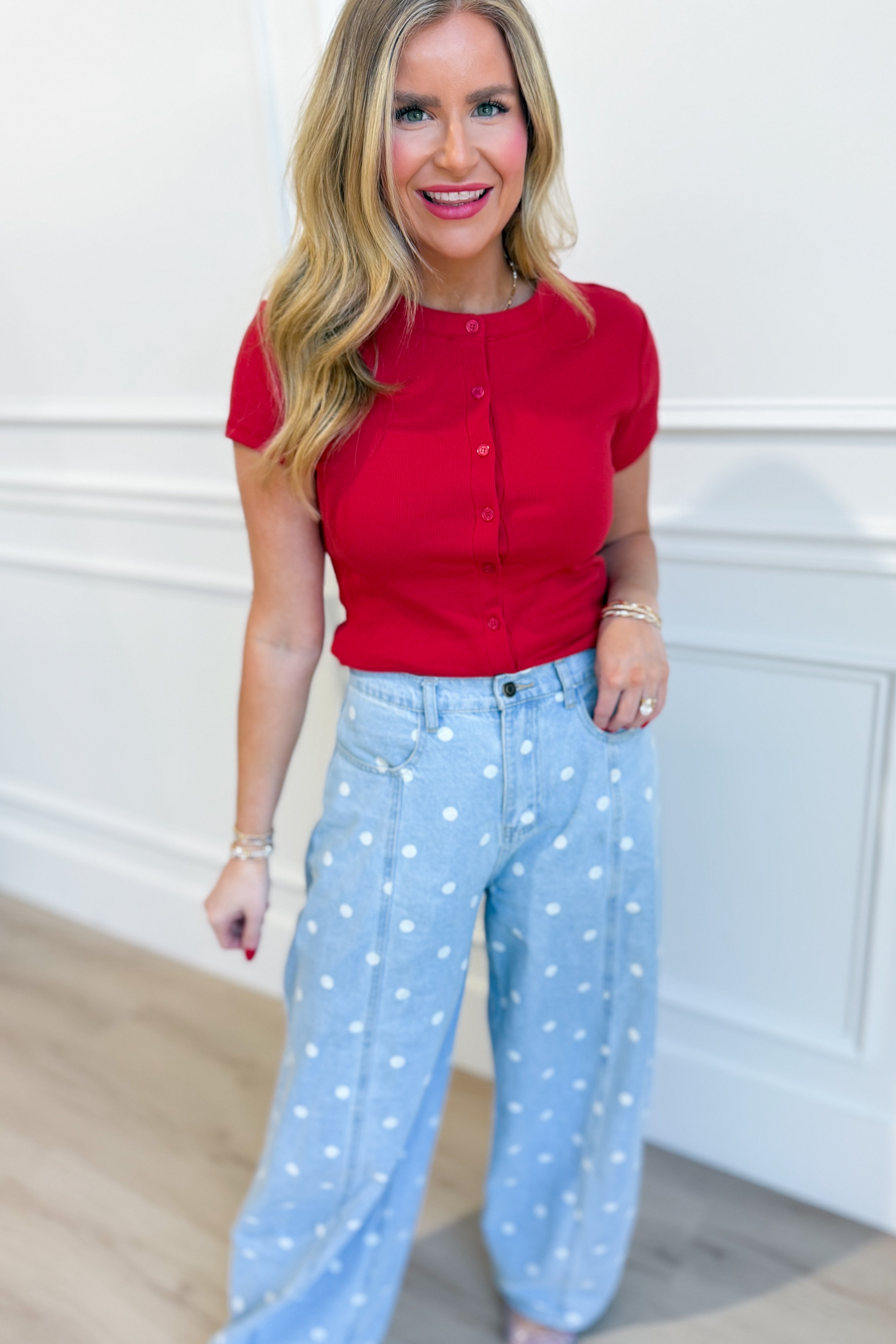 Ruth red ribbed button-up top by HYFVE, casual 105 top with fitted style and front buttons, shown on a model.