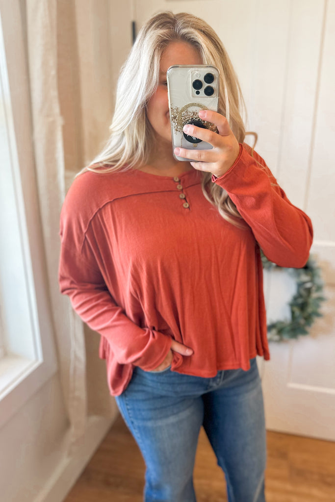 Rusty Loose Fit Henley Long Sleeve Top - Be You Boutique