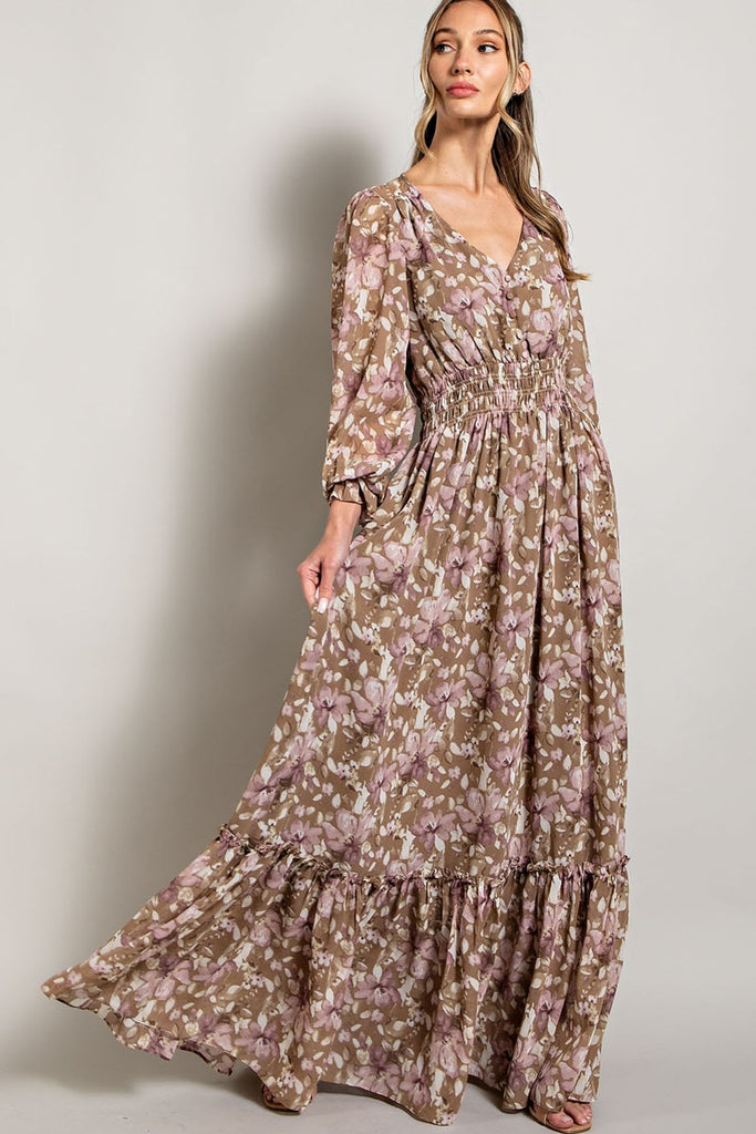Ian Floral Print V Neck Smocked Waist Maxi Dress - Be You Boutique