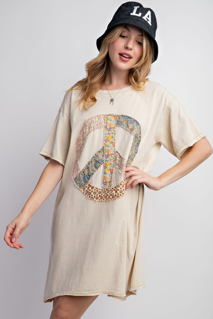 Peace Flower Patch Short Sleeve Jersey Knit Dress - Be You Boutique