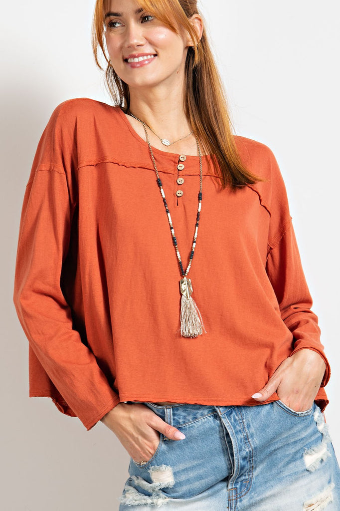 Rusty Loose Fit Henley Long Sleeve Top - Be You Boutique