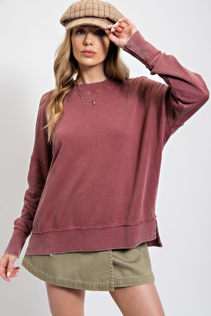 Joey Long Sleeve Mineral Wash Terry Pullover - Be You Boutique