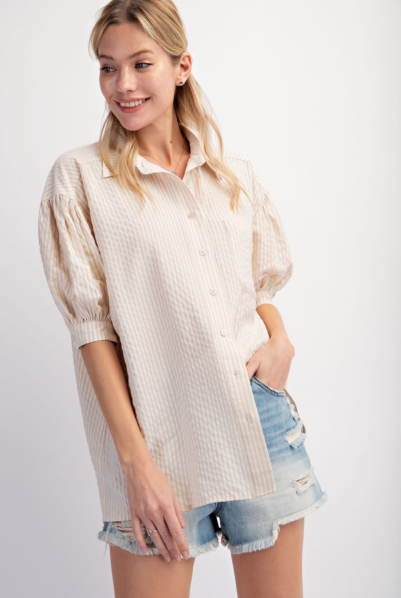 Isabella Short Sleeve Striped Button Down Oversized Top - Be You Boutique