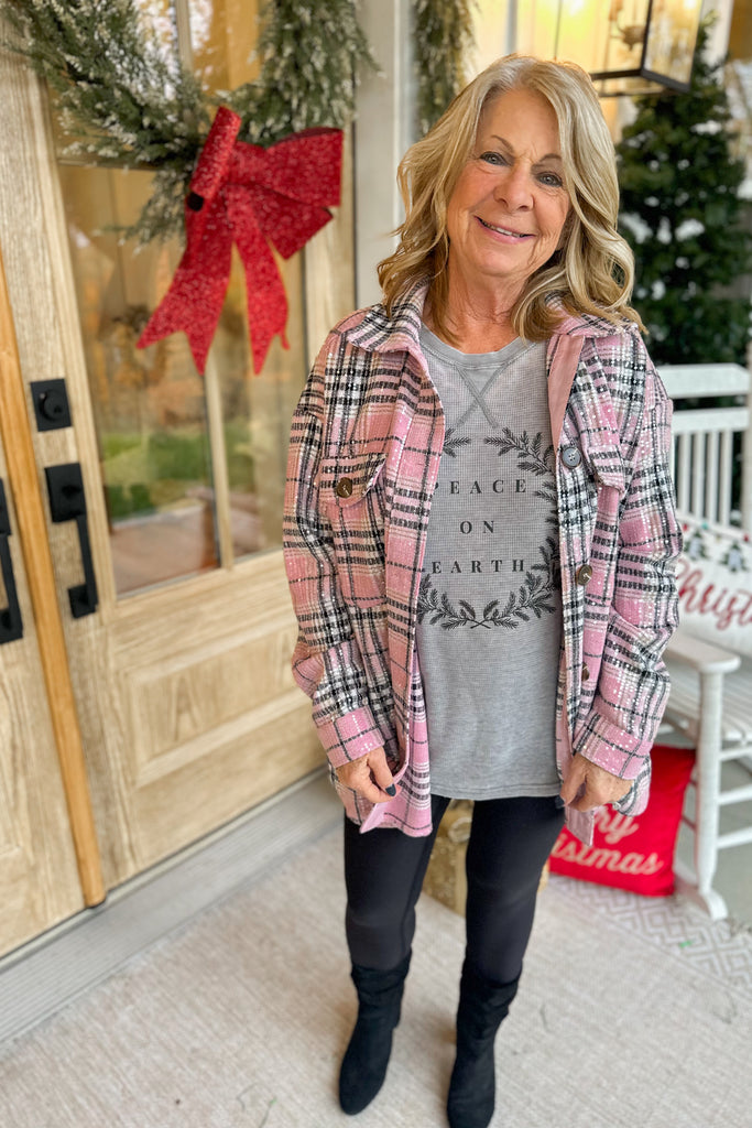 Jerry Long Sleeve Pink Plaid Sequin Shirt Jacket - Be You Boutique