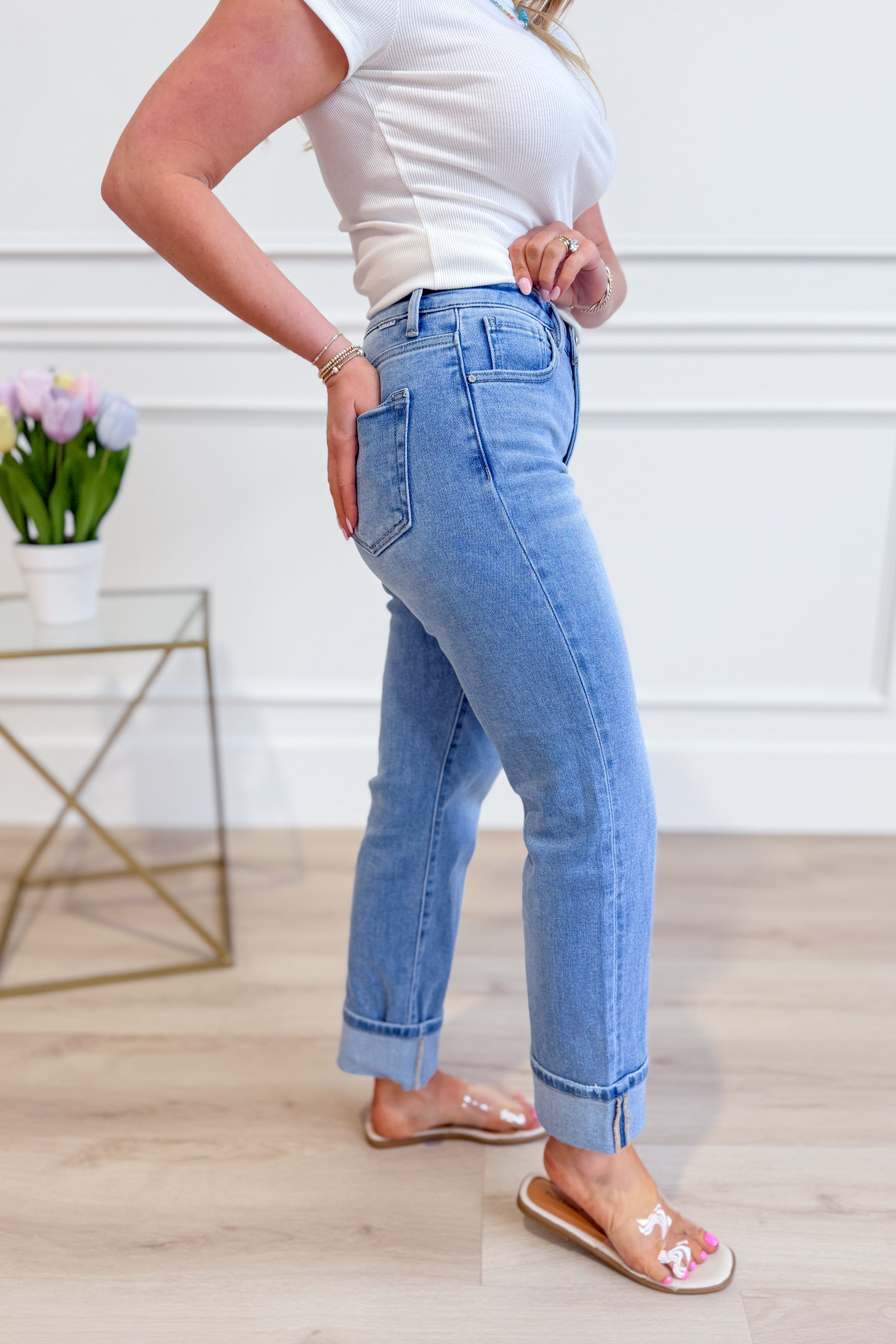 Risen Moses high-rise cropped straight cuff jeans in dark wash, 146 Core Jeans, available in sizes 0-3XL, shown on a model.