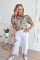 JODIFL Gretta contrasted accent button-down top, a stylish dressy blouse with contrasting details and button front design.