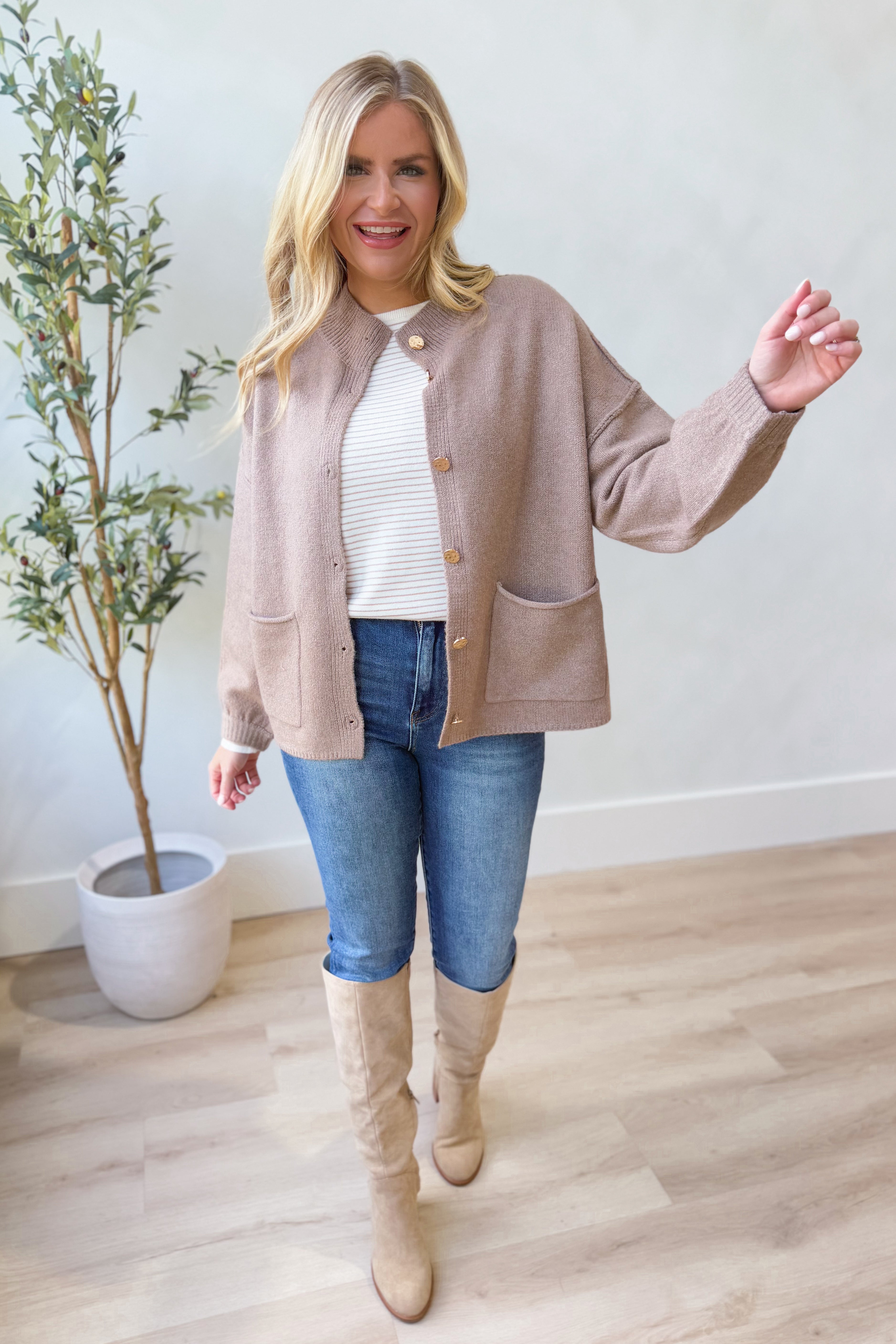 Kris Long Sleeve Gold Hammered Button Cardigan - Be You Boutique