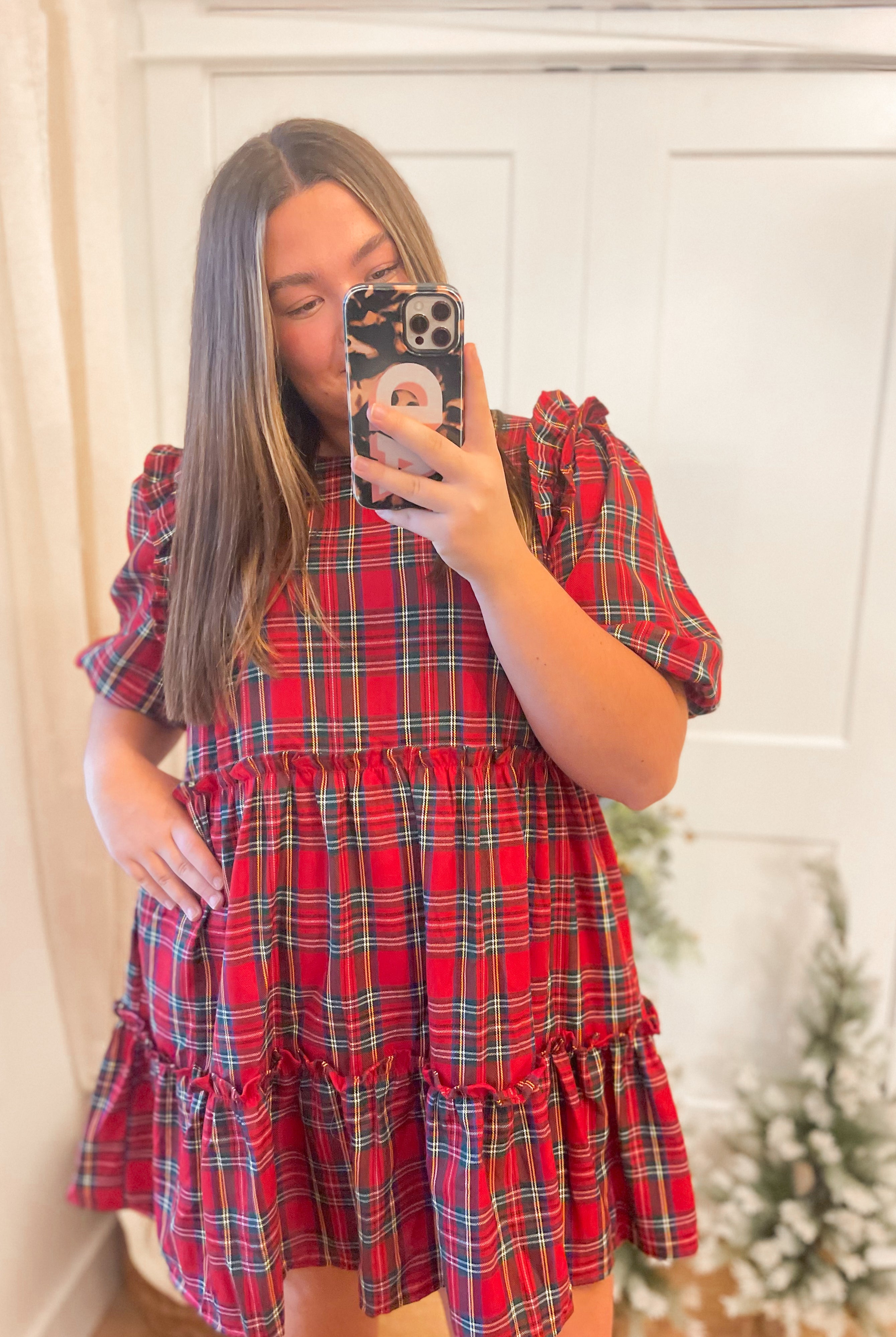 Jerry Puff Sleeve Plaid Tiered Ruffle Trim Dress - Be You Boutique