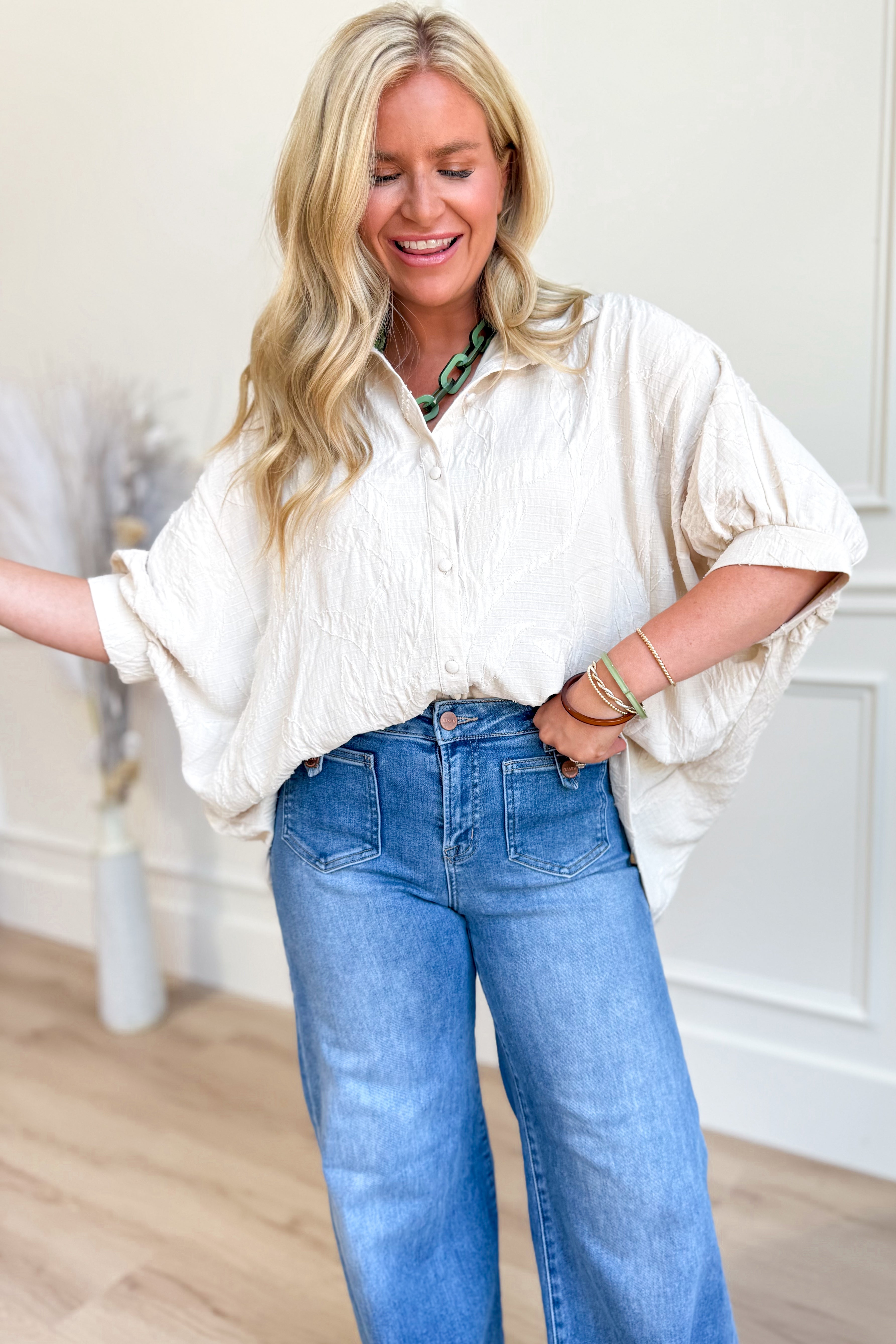 Mannie Jacquard Textured Leaf Print Blouse - Be You Boutique