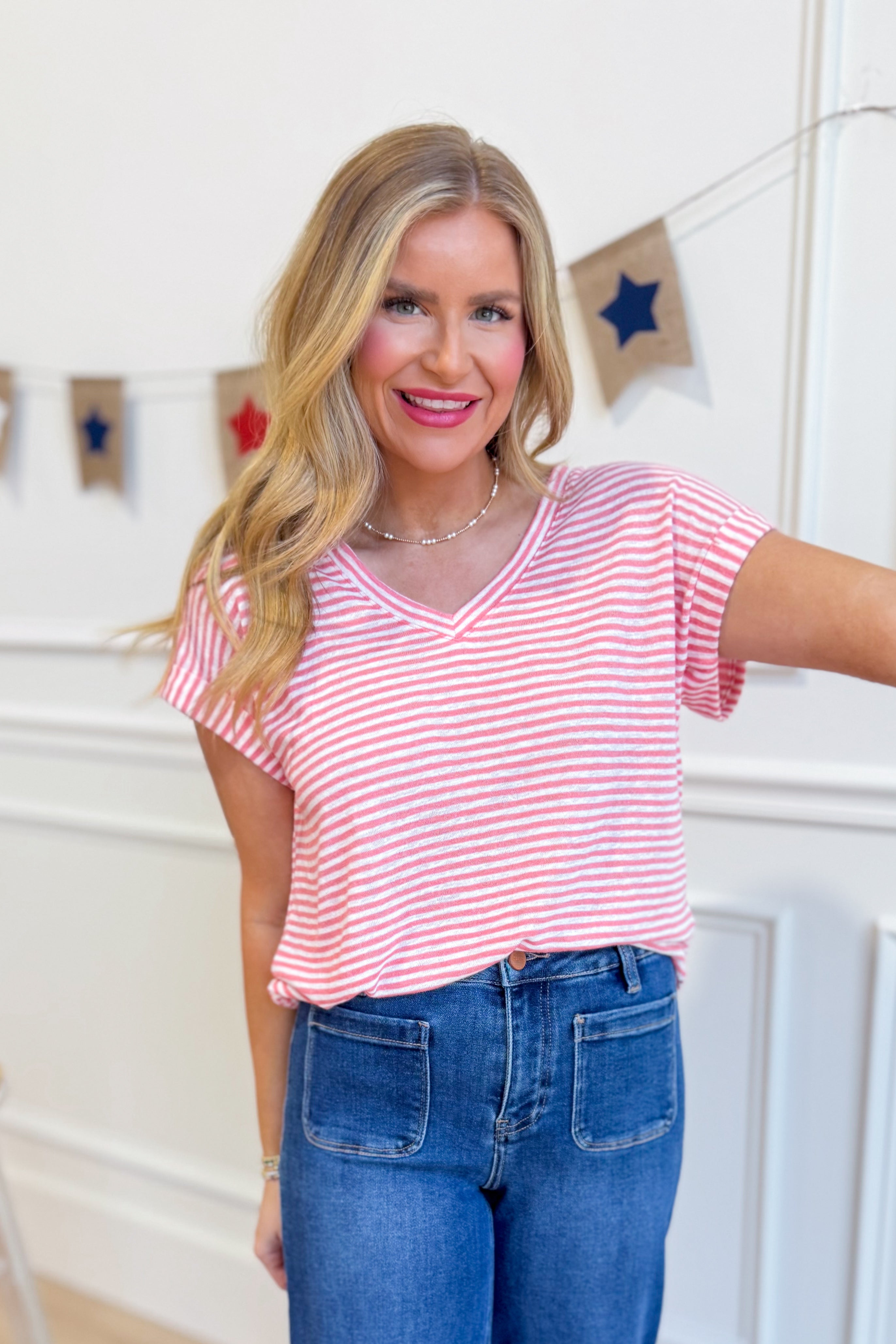 Wasabi & Mint Cindy striped short sleeve casual top featuring a relaxed fit and colorful horizontal stripes.