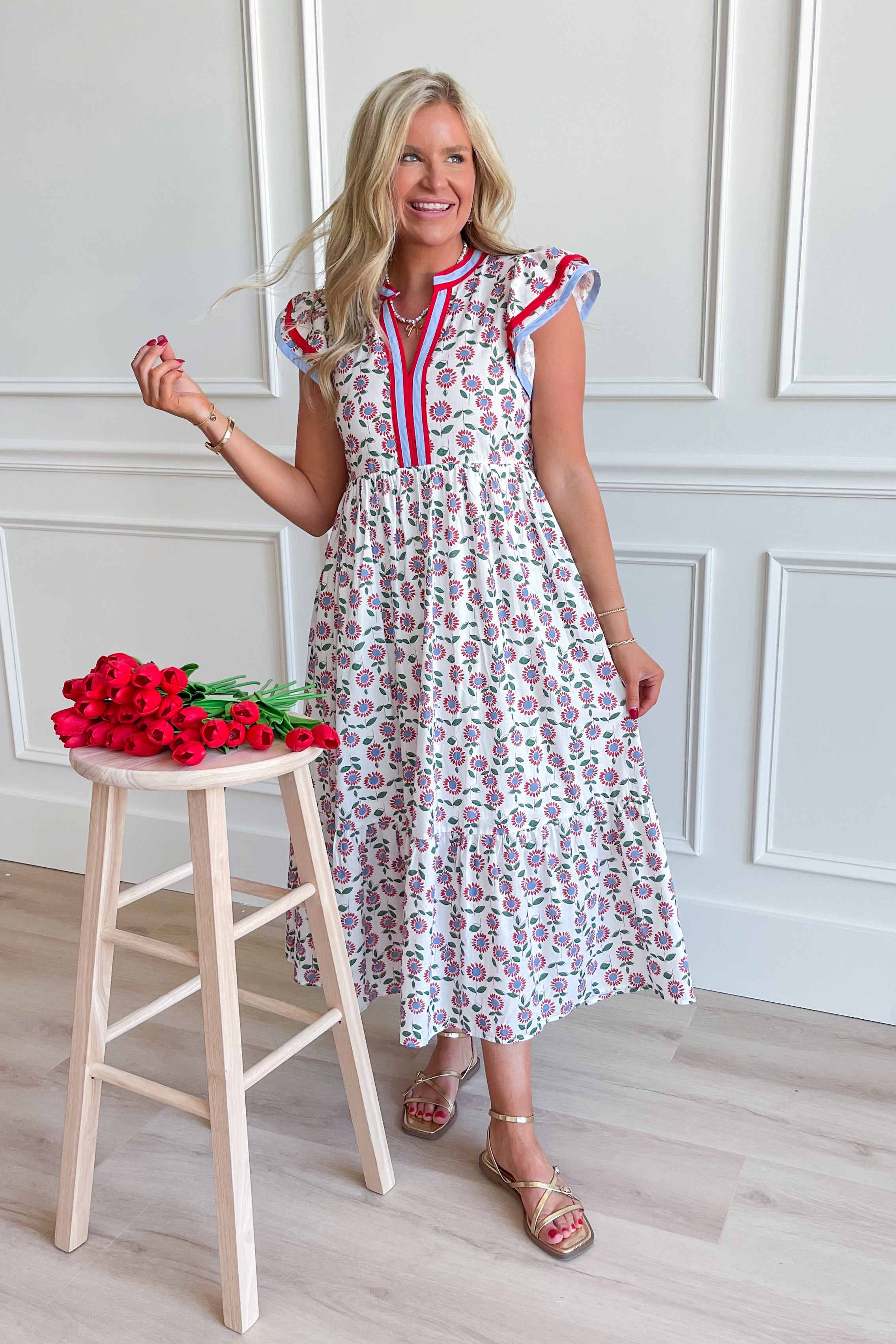 Cheryl Floral Flutter Sleeve Midi Dress - Be You Boutique