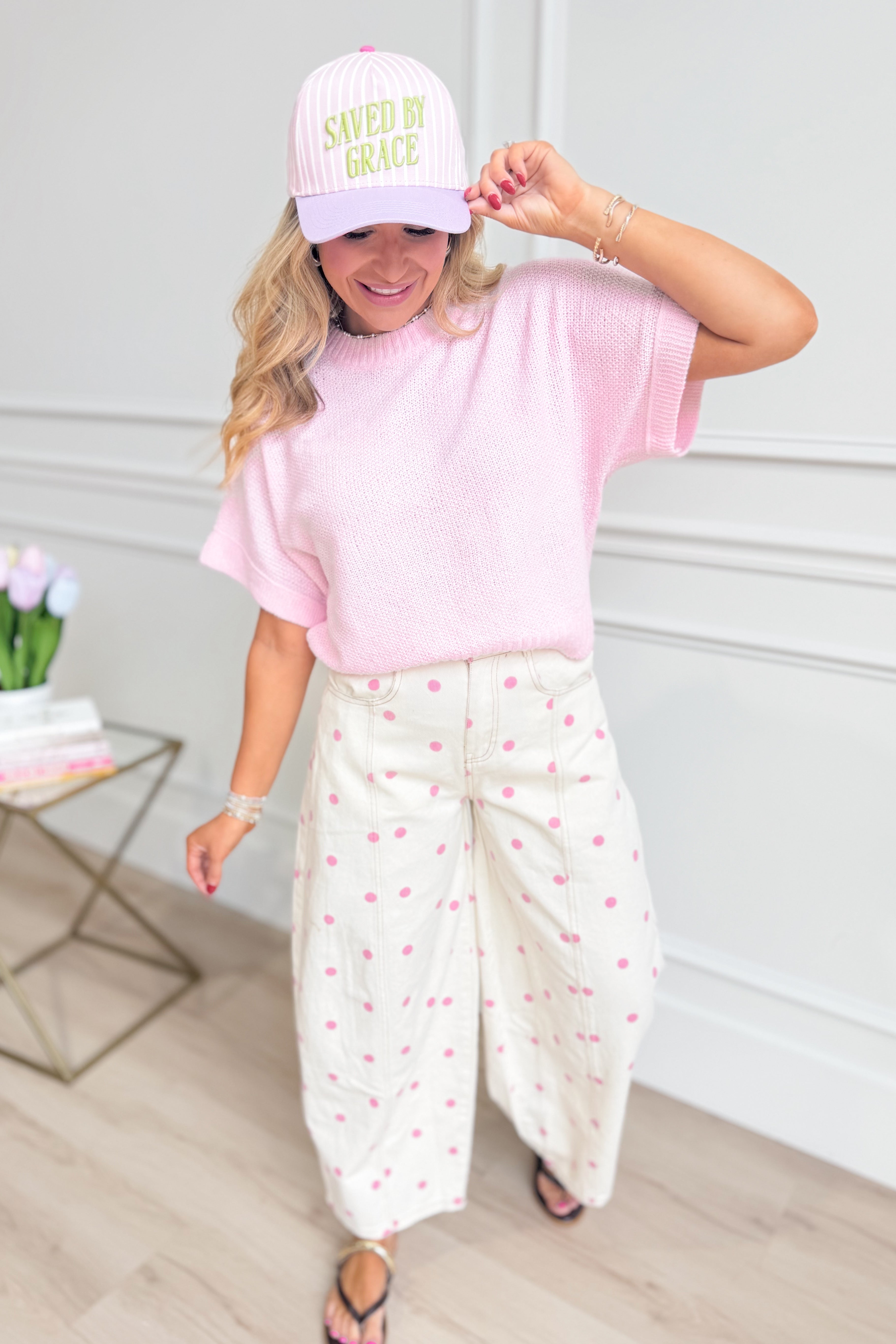 Pink polka dot barrel jeans from PEACH LOVE's Landry 147 Novelty Jeans collection, featuring a stylish, playful denim design.