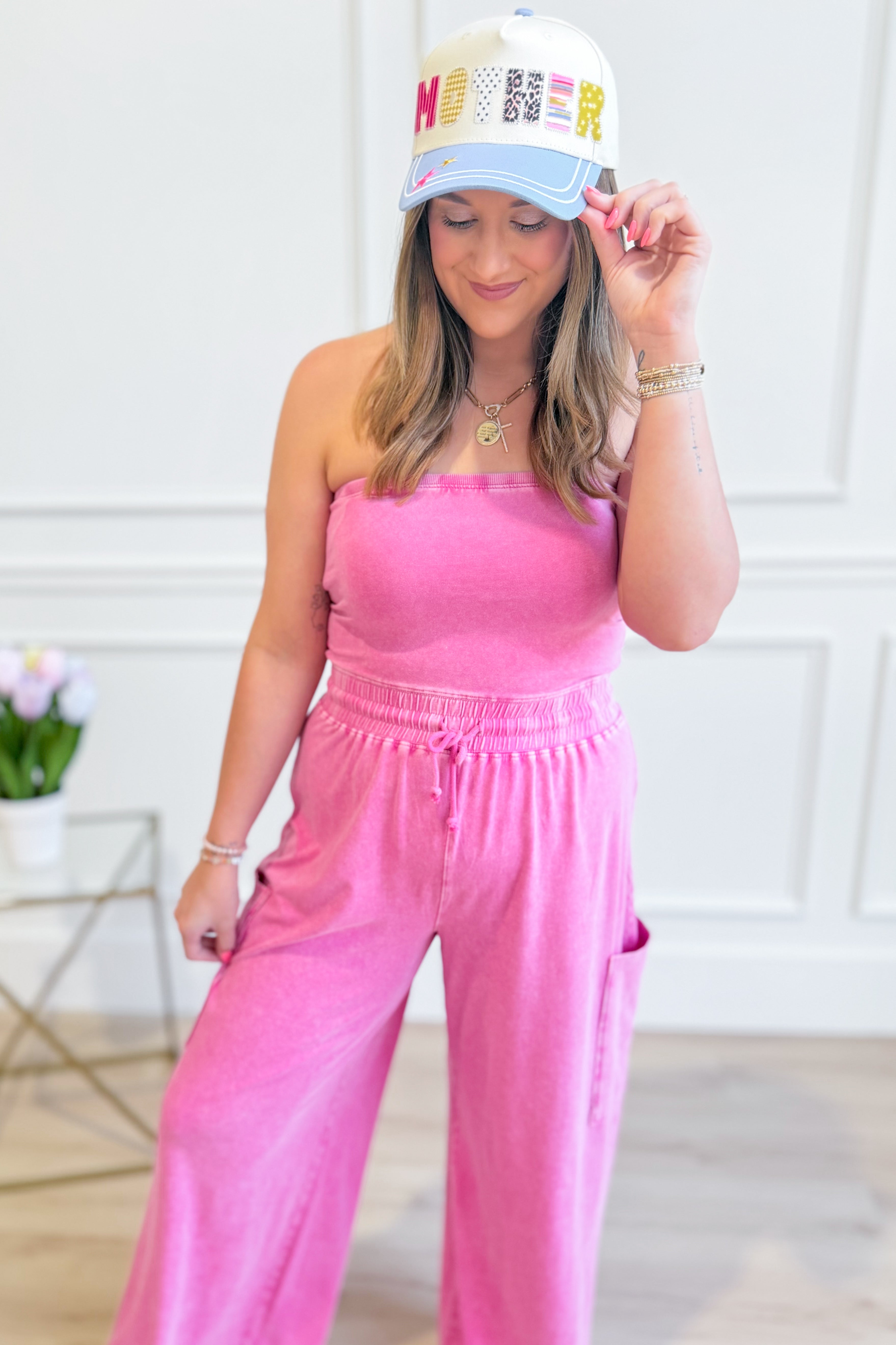 HYFVE Joni strapless mineral washed jumpsuit with a relaxed fit, featuring a sleeveless design and casual style.