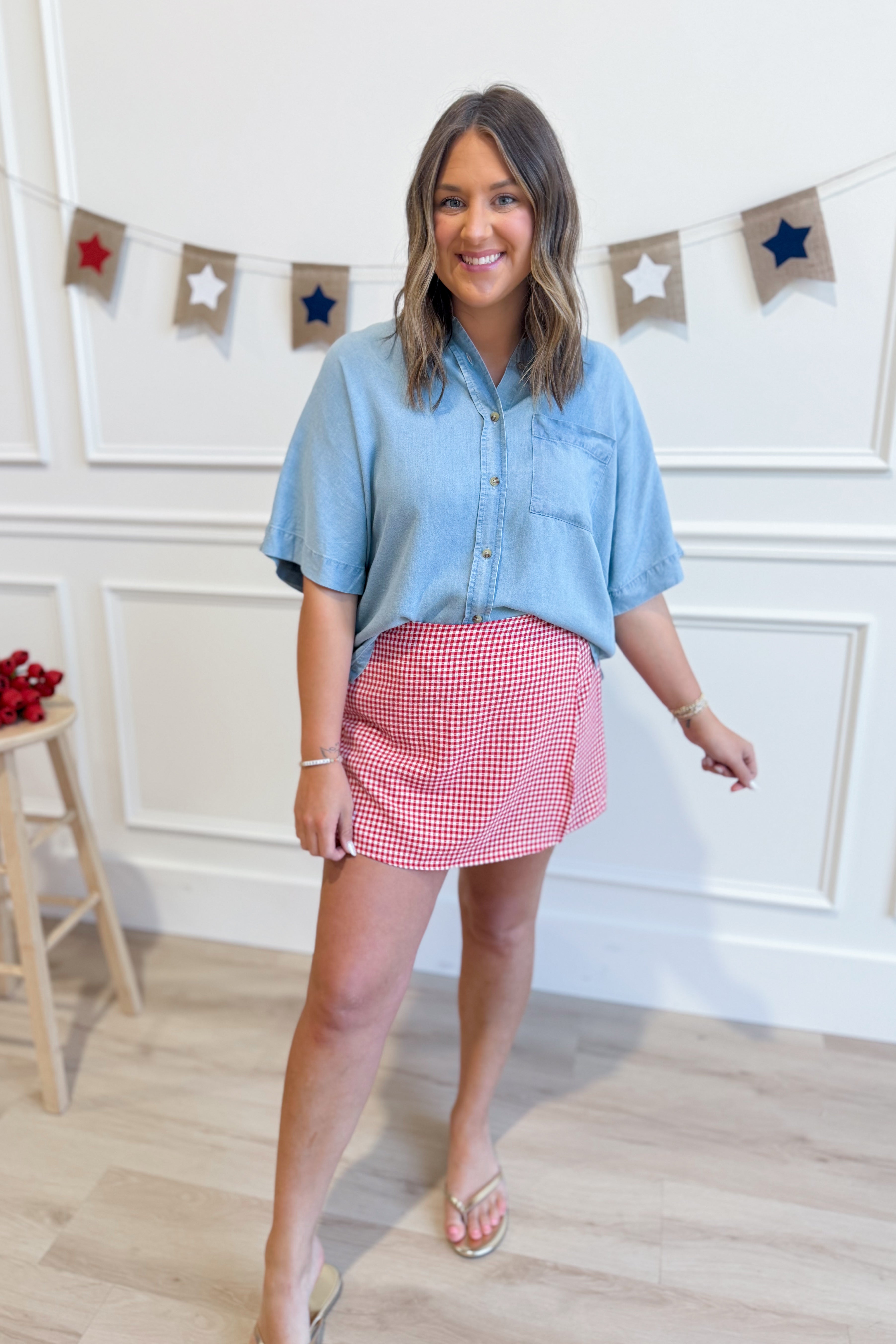 HYFVE Laurie button-up patch pocket shirt from 153 Rompers, featuring a classic collar, long sleeves, and patch pockets.