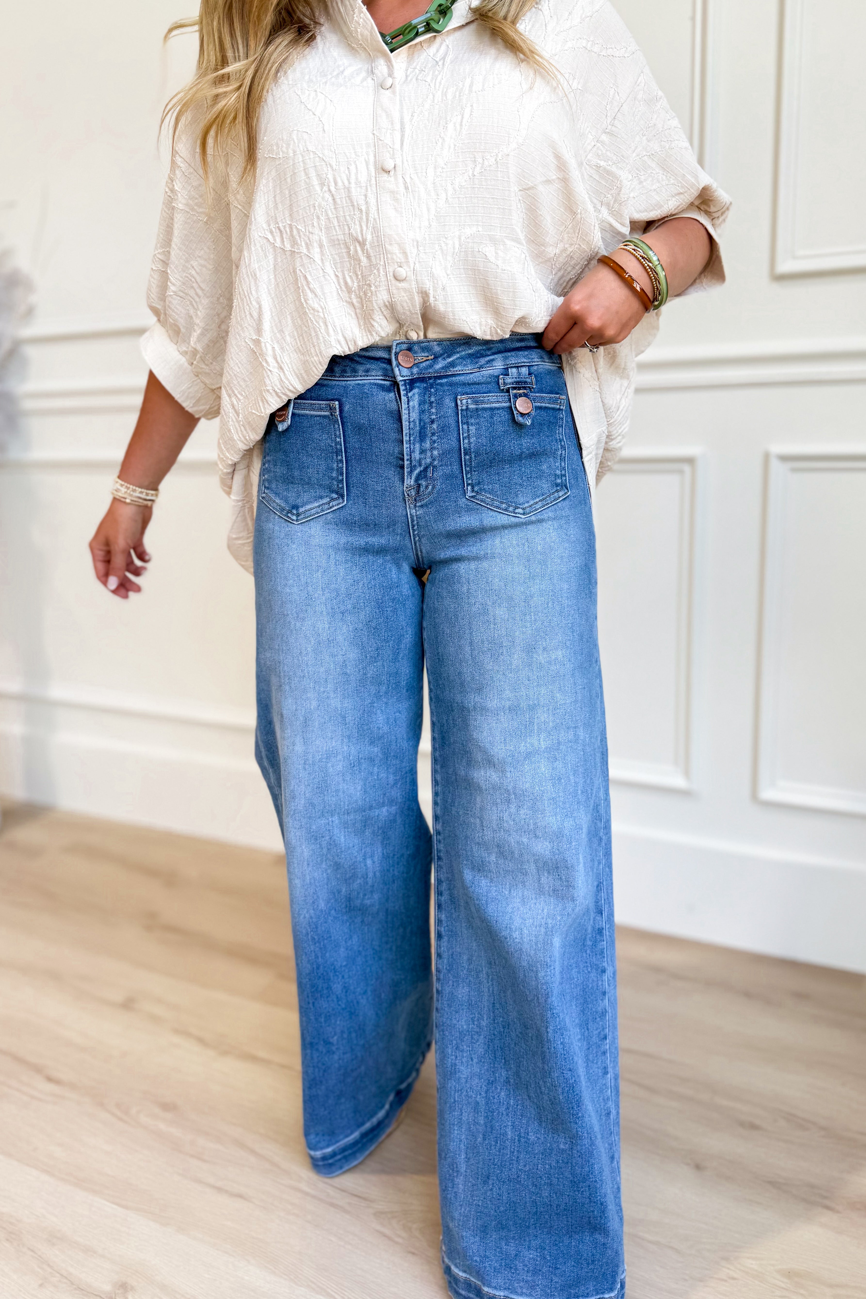 Risen Jared Mid Rise Patch Pocket Wide Leg Jeans [0-3X] - Be You Boutique
