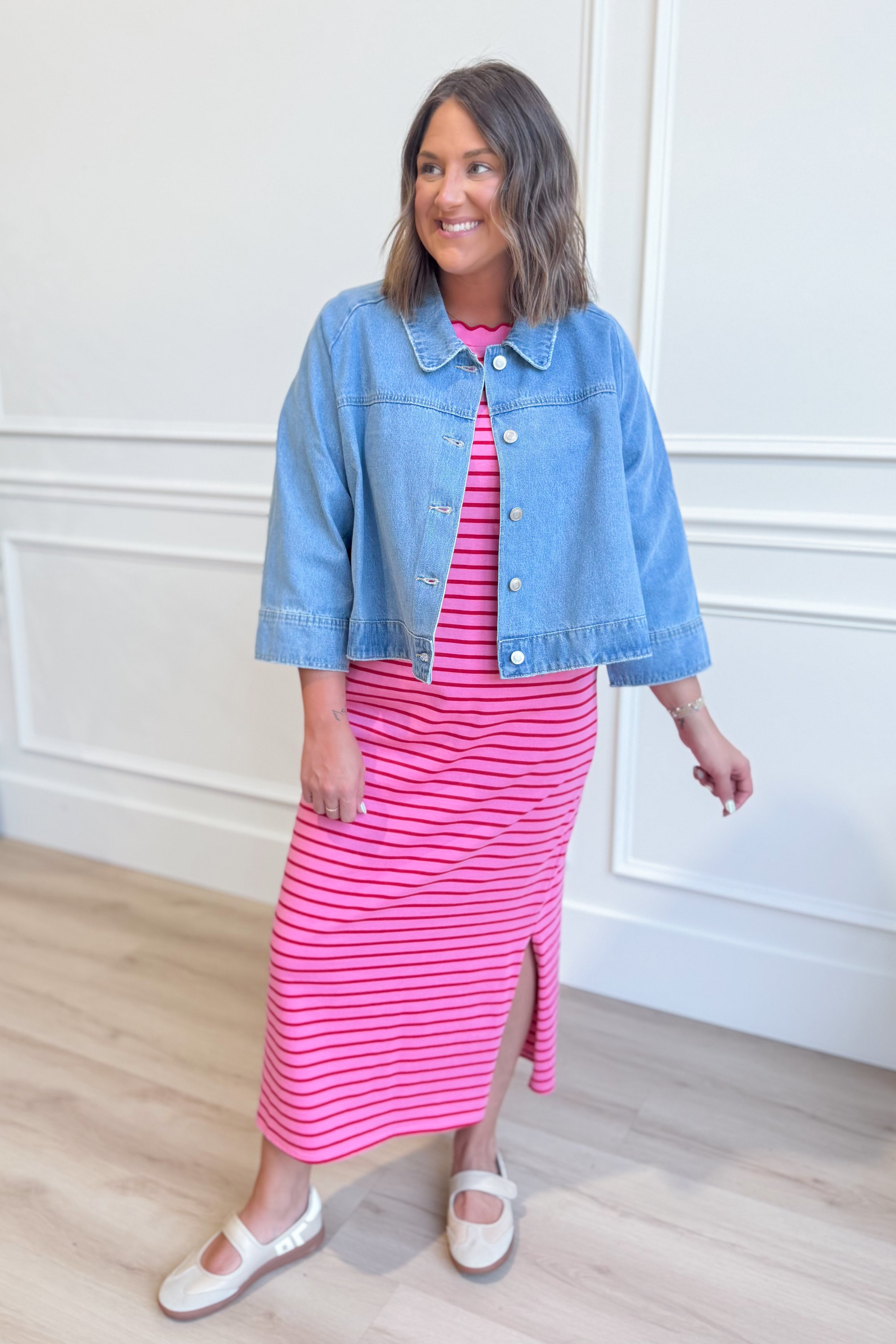 Pink striped short sleeve midi dress by BAEVELY, featuring a casual, comfortable fit and stylish design.