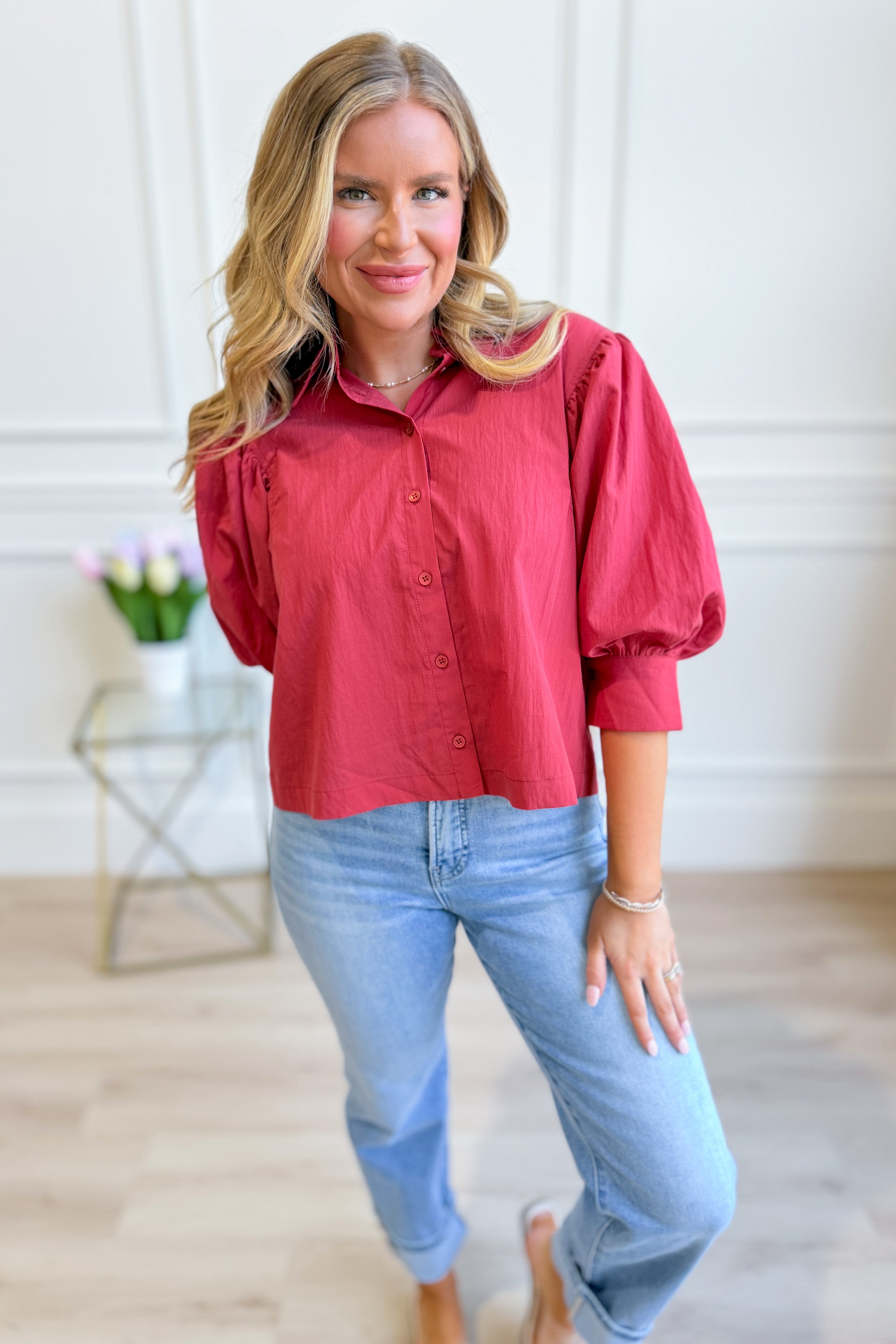 EE:SOME Tonya solid puff sleeve button-down top, stylish dressy blouse with puff sleeves and classic button closure.