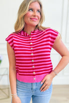 ENTRO Maggie striped button-down casual top, featuring a relaxed fit and classic collar, shown in a close-up of the fabric and stripes.