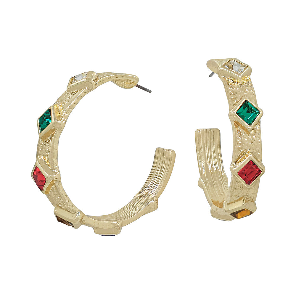 Gold Textured Hoop w/ Multi Color Diamond Crystal Earring - Be You Boutique